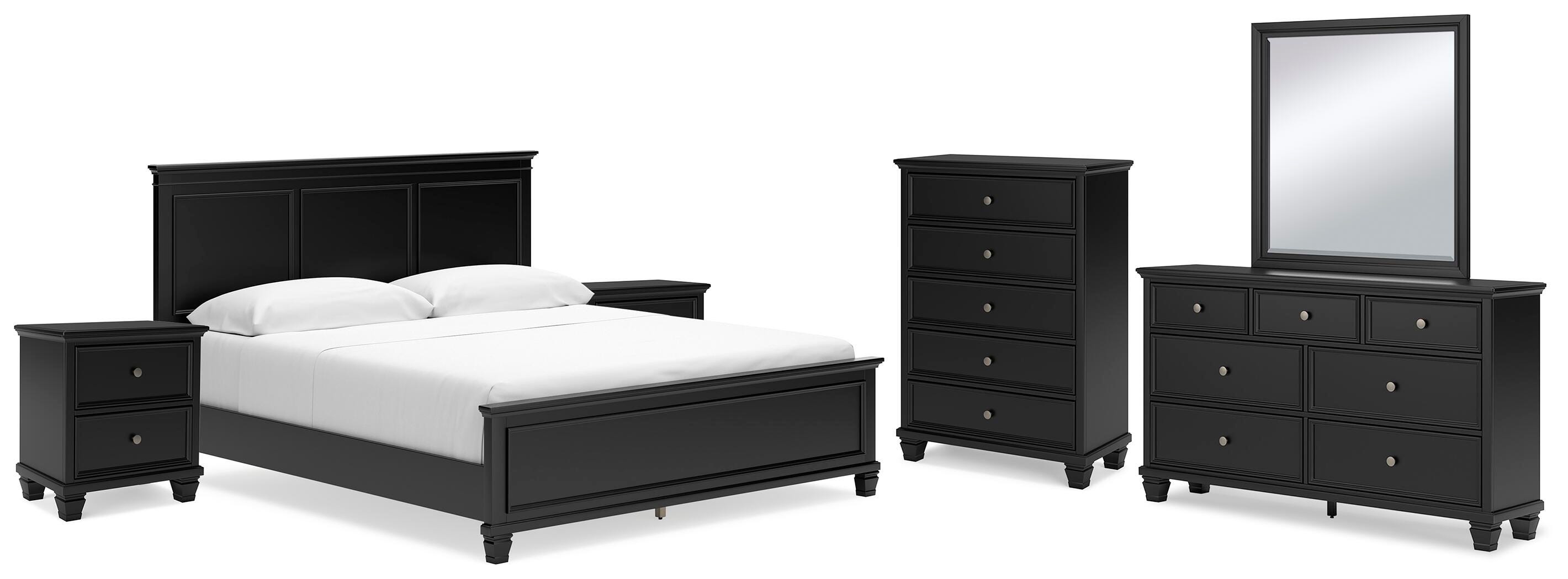 Lanolee California King Panel Bed with Mirrored Dresser, Chest and 2 Nightstands, Black, large