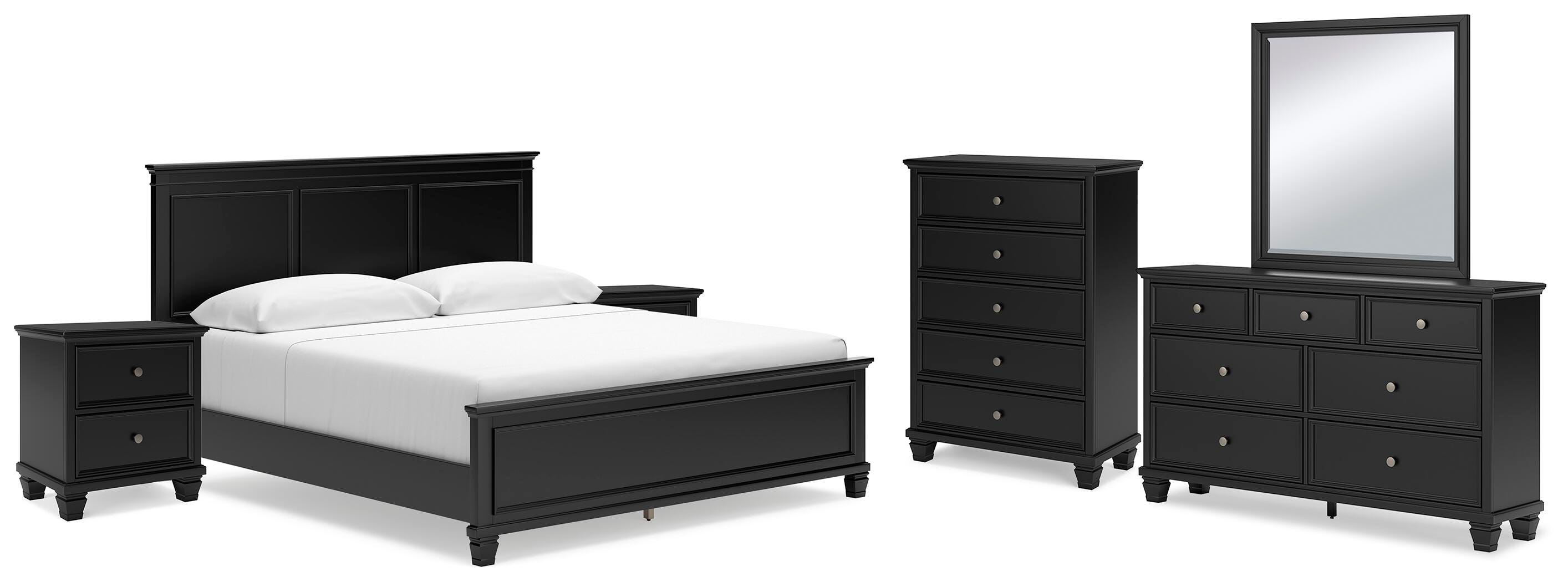 Lanolee King Panel Bed with Mirrored Dresser, Chest and 2 Nightstands, Black, large