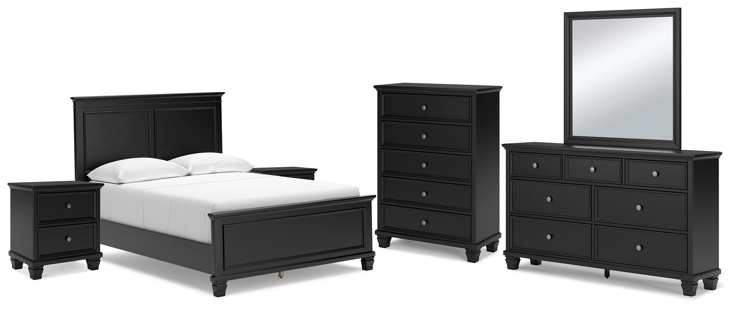 Lanolee Full Panel Bed with Mirrored Dresser, Chest and 2 Nightstands, Black, large