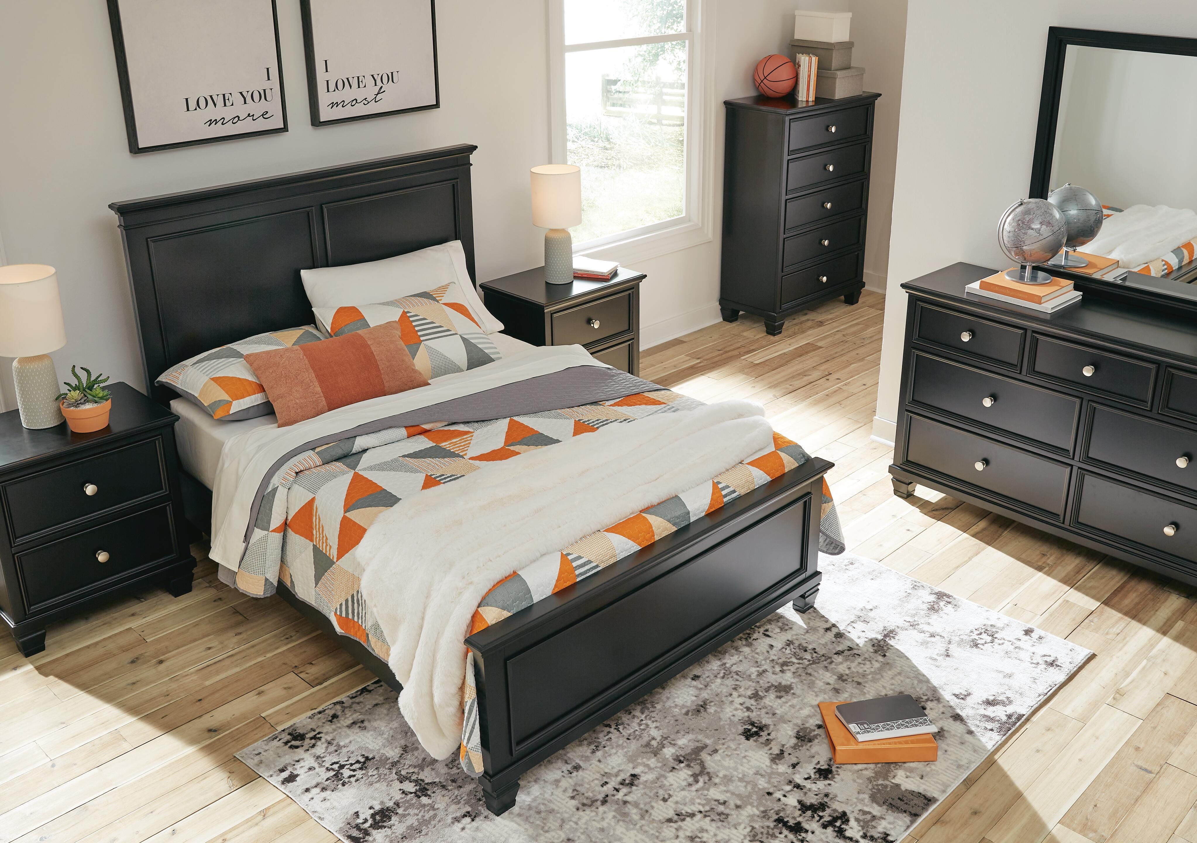 Lanolee Full Panel Bed with Mirrored Dresser, Chest and 2 Nightstands, Black, large