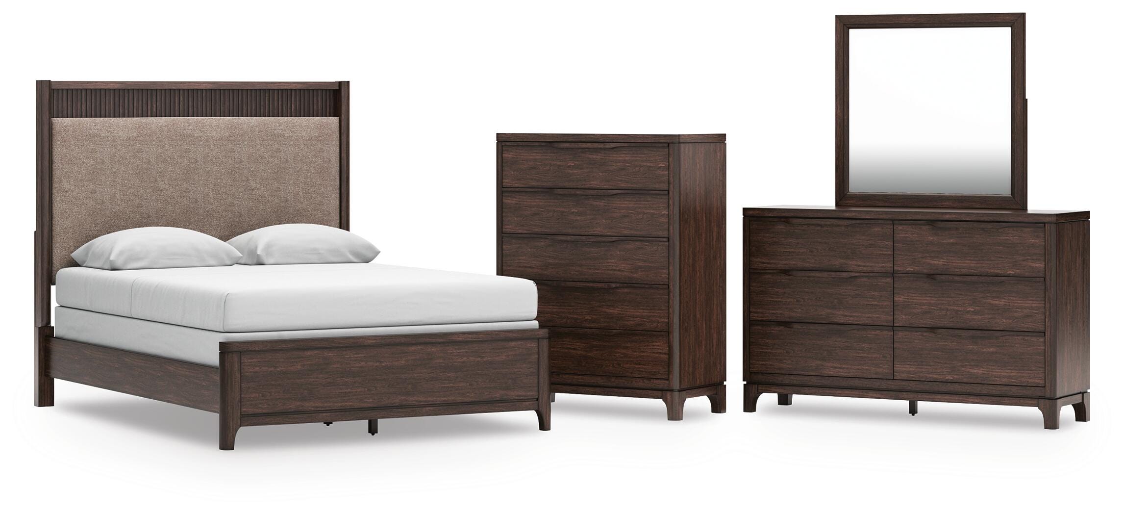 Korestone Queen Upholstered Panel Bed, Dresser, Mirror and Chest, Dark Brown