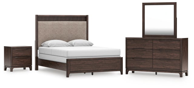 Korestone Queen Upholstered Panel Bed with Mirrored Dresser and Nightstand