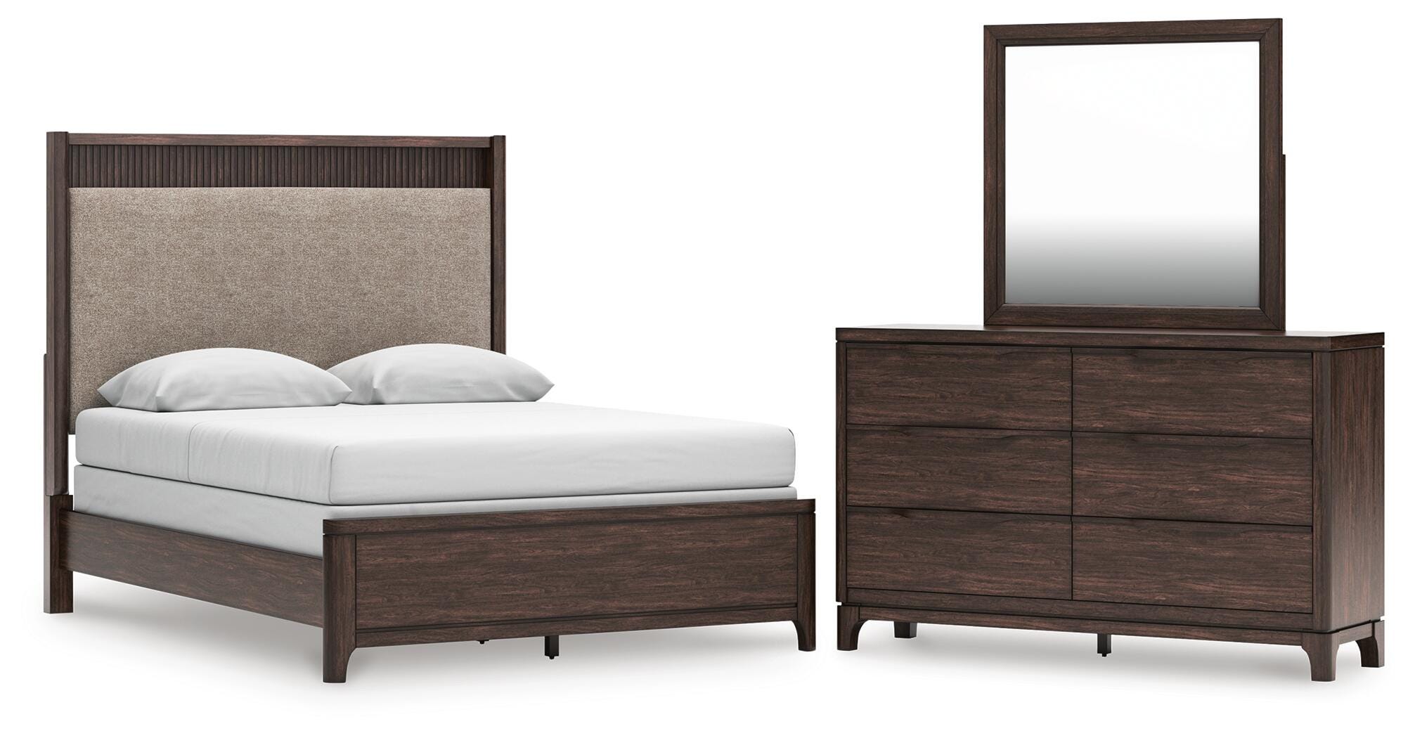 Korestone Queen Upholstered Panel Bed, Dresser and Mirror - image 1