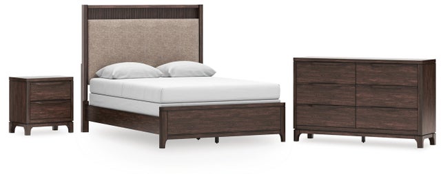 Korestone Queen Upholstered Panel Bed, Dresser and Nightstand