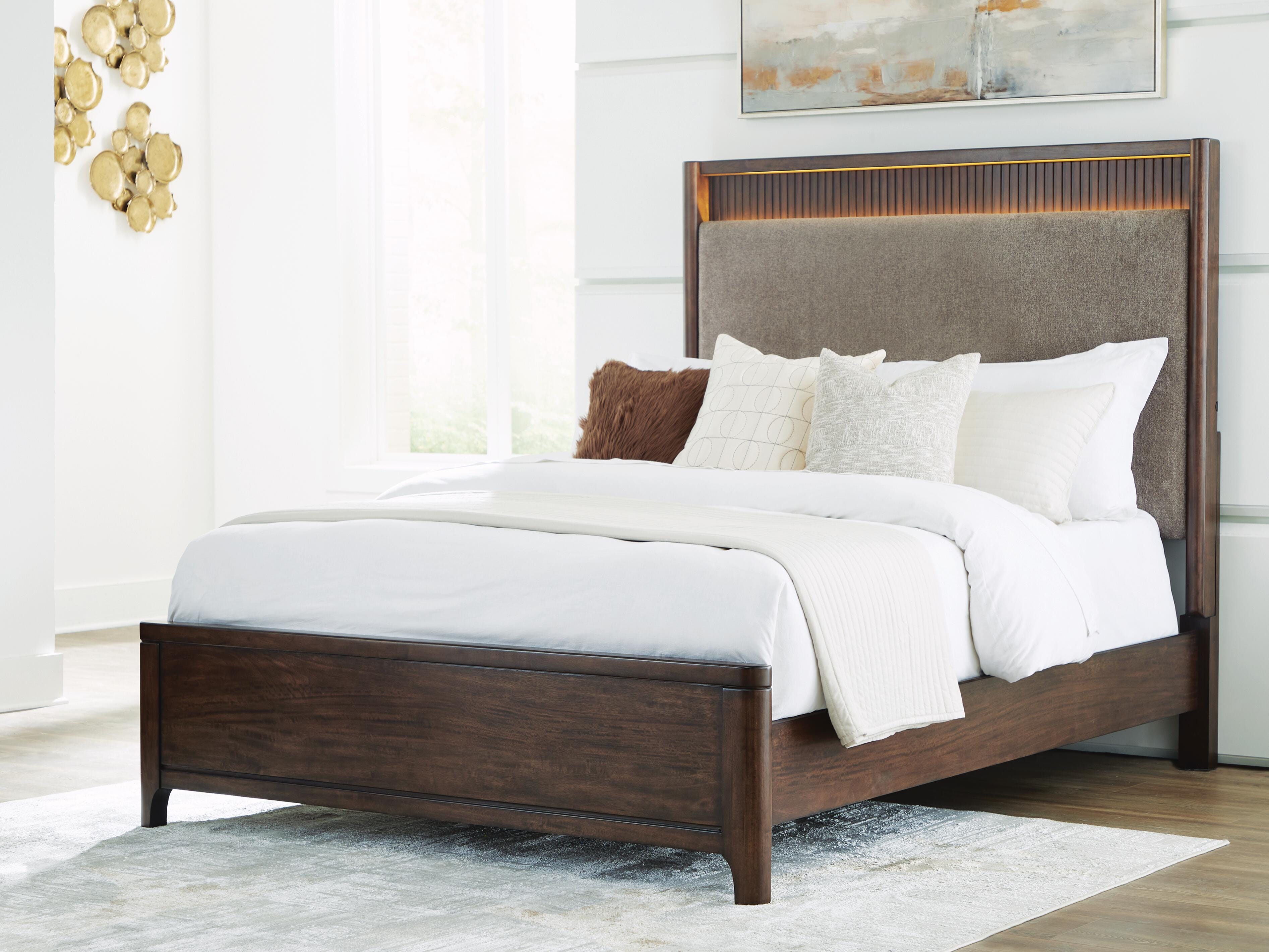 Korestone Queen Upholstered Panel Bed, Dark Brown, rollover