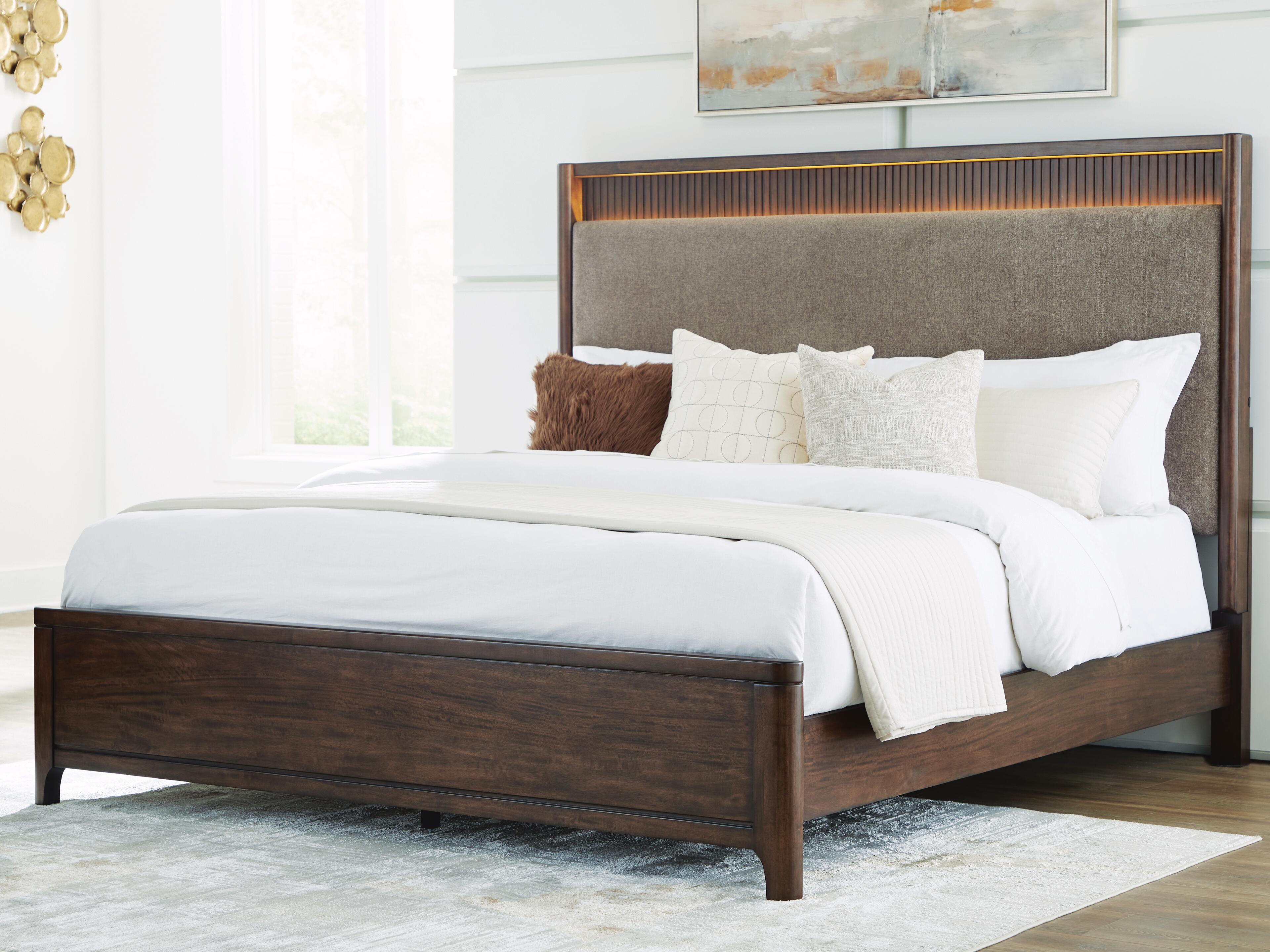 Korestone King Upholstered Panel Bed, Dark Brown, rollover