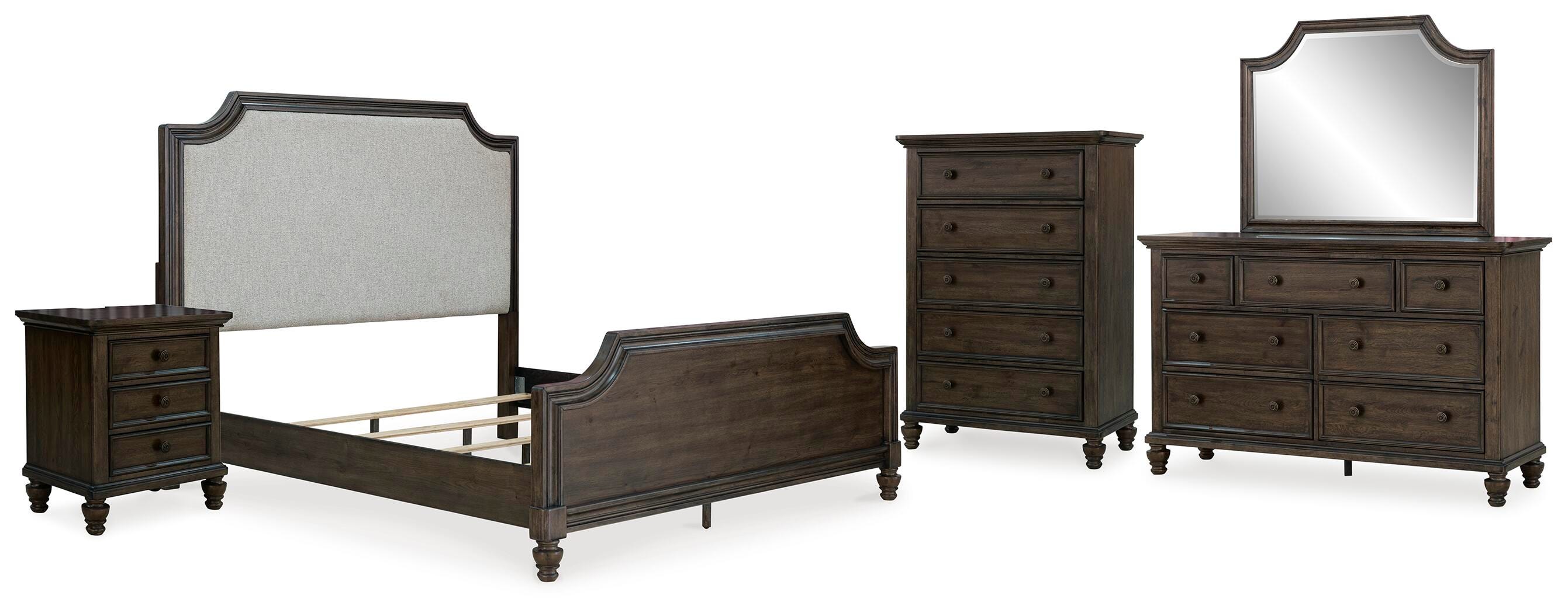 Ashley Veramond California King Upholstered Panel Bed With Mirrored Dresser In Brown