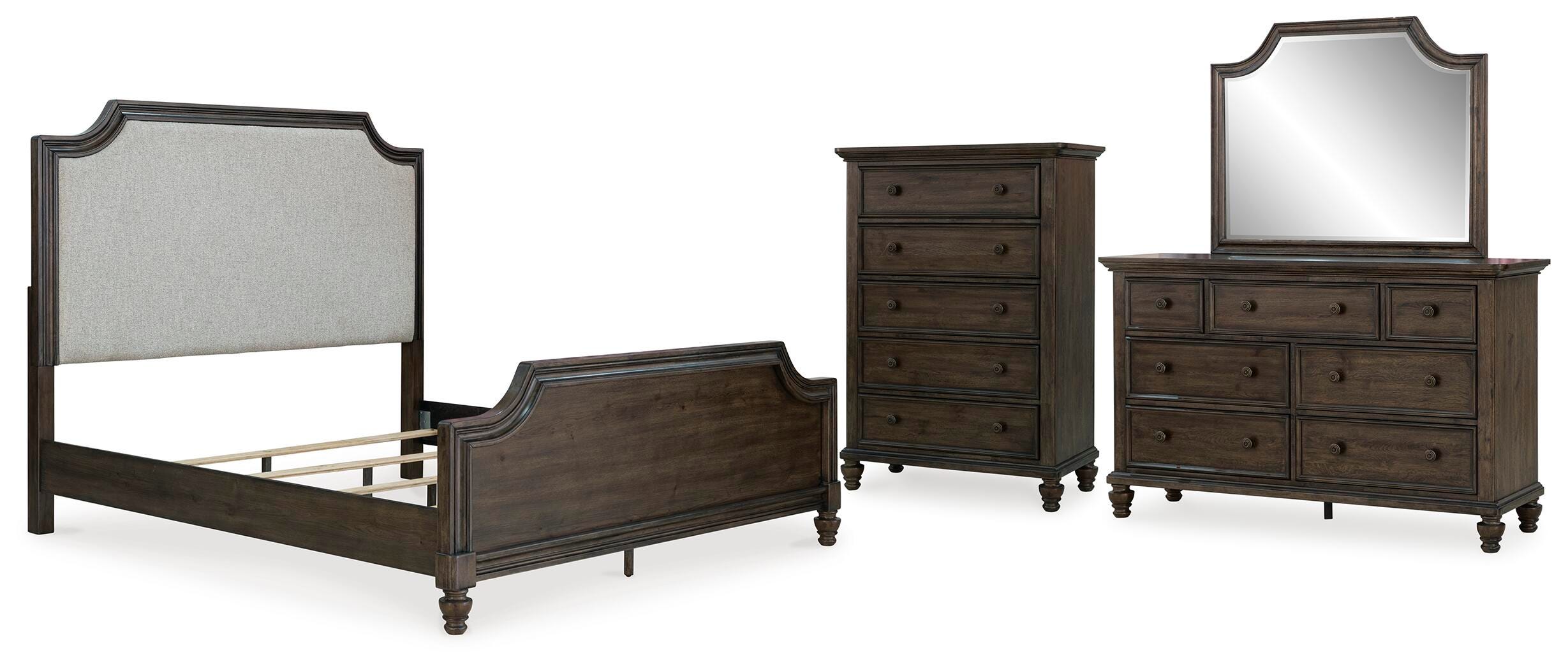 Ashley Veramond California King Upholstered Panel Bed With Mirrored Dresser And Chest In Brown