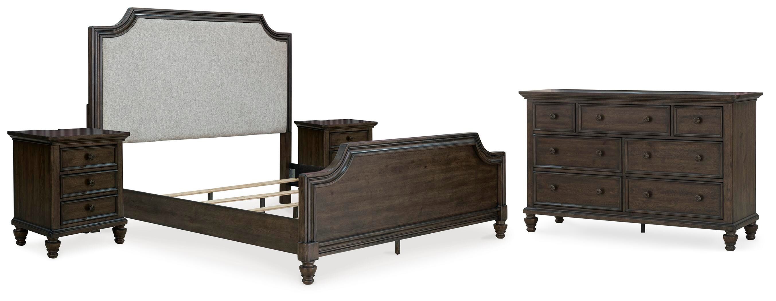 Ashley Veramond California King Upholstered Panel Bed With Dresser And 2 Nightstands In Brown