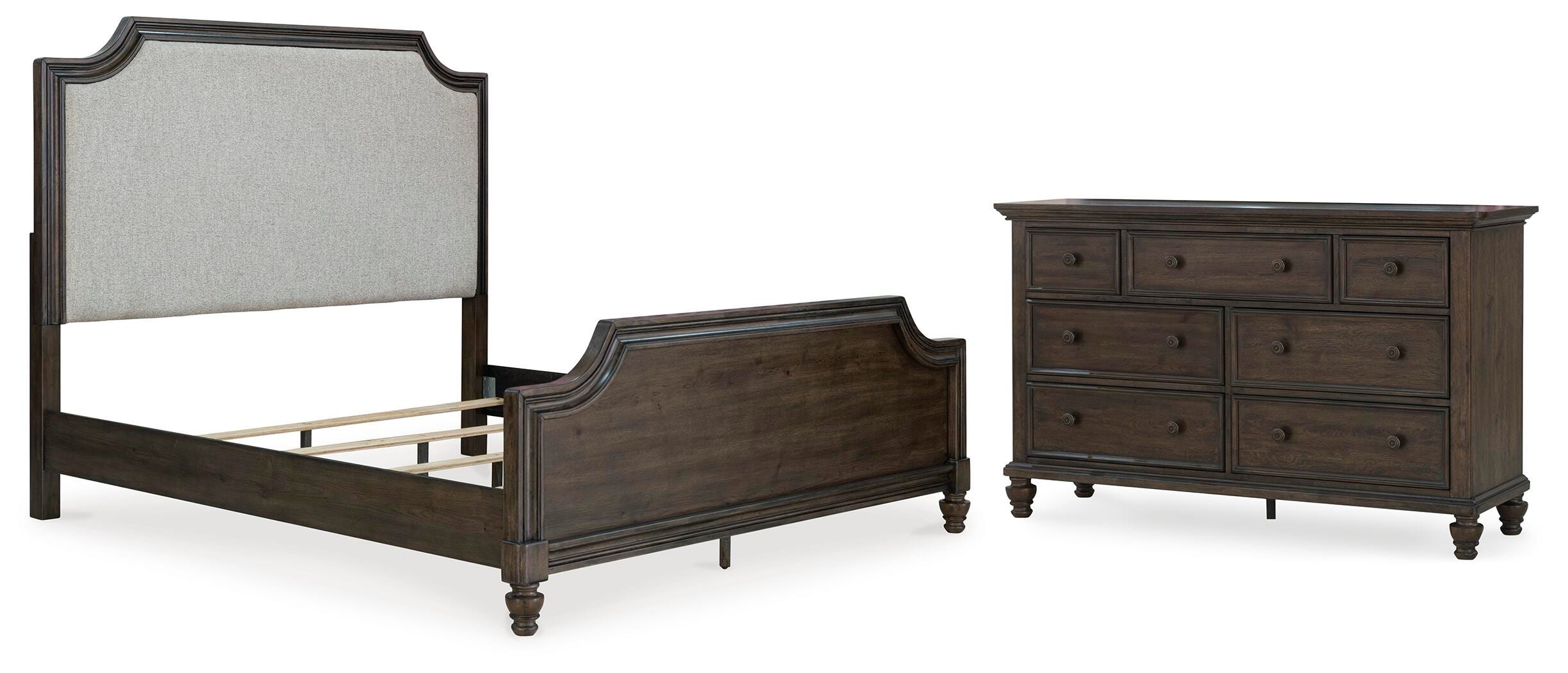 Ashley Veramond California King Upholstered Panel Bed With Dresser In Brown