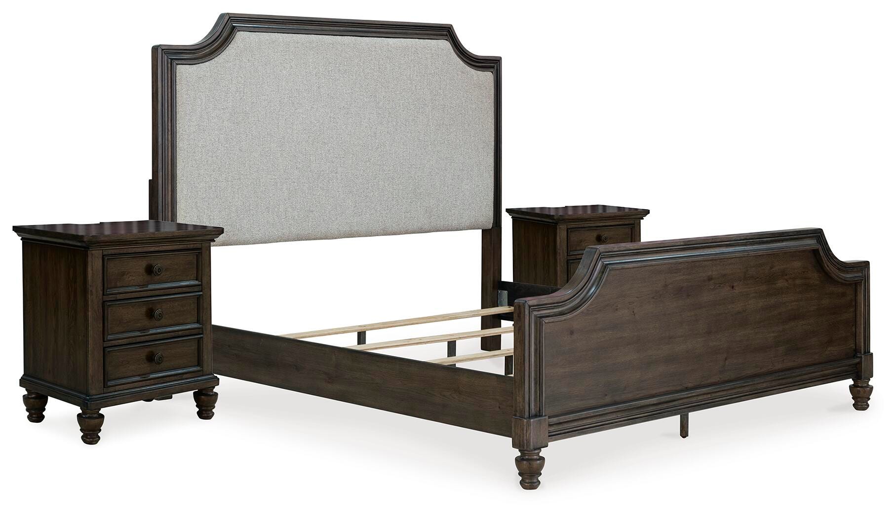 Ashley Veramond California King Upholstered Panel Bed With 2 Nightstands In Brown
