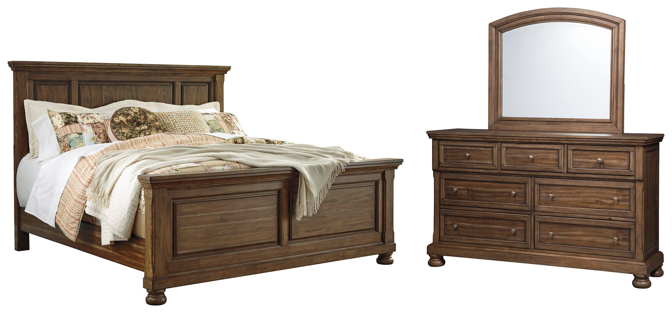 Flynnter California King Panel Bed with Mirrored Dresser, Medium Brown, large