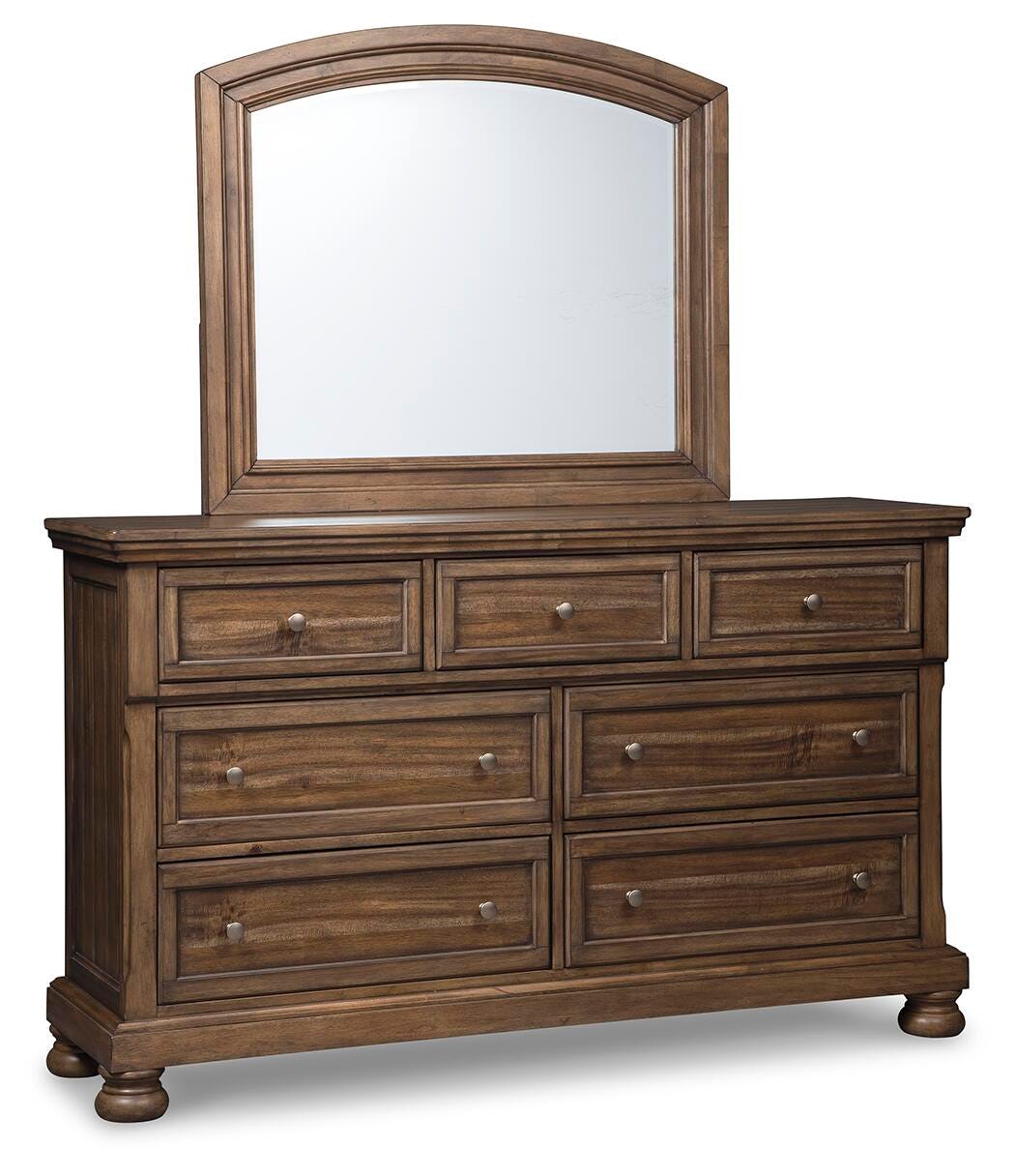Flynnter Queen Panel Bed with Mirrored Dresser, Medium Brown, large