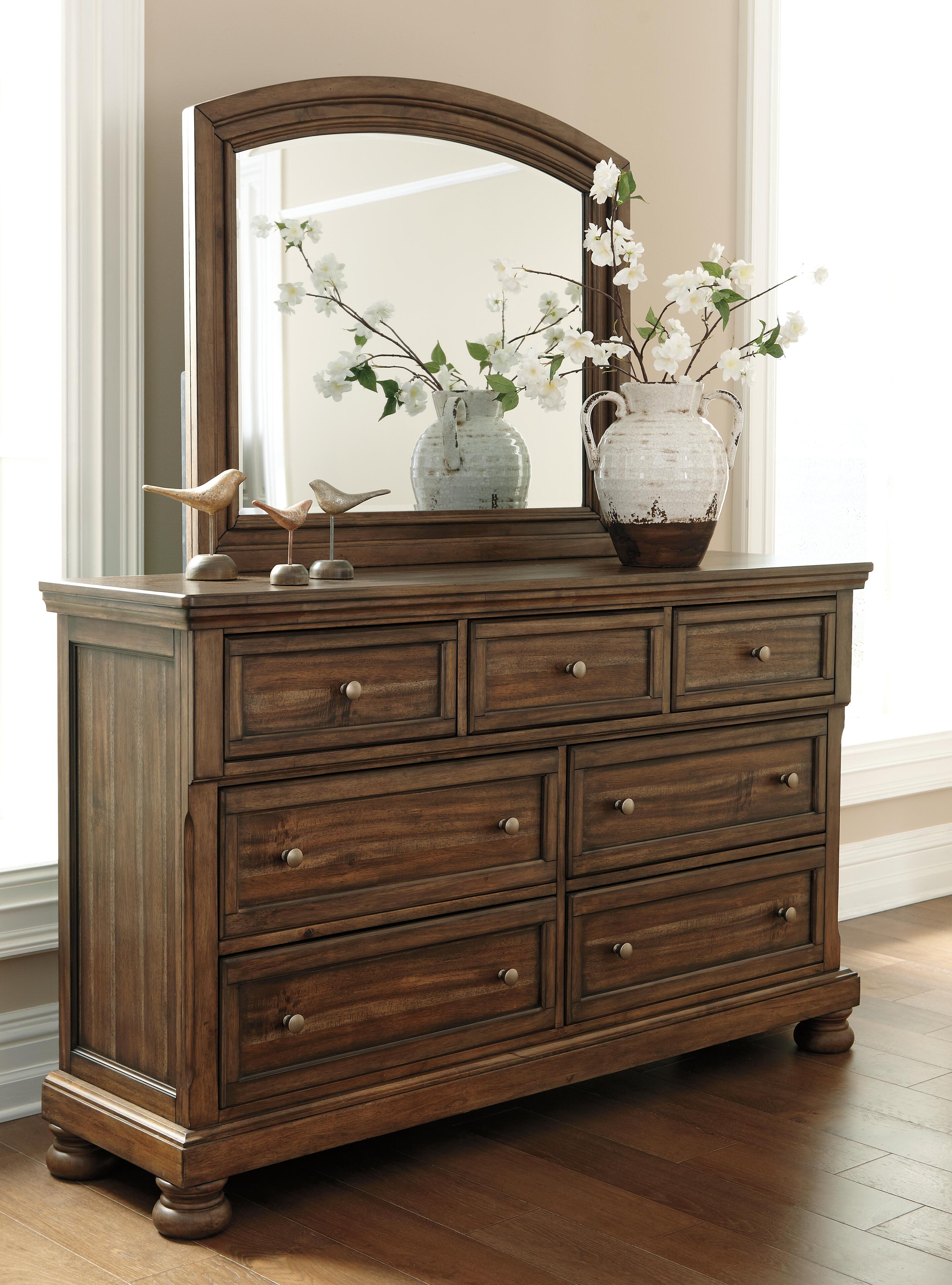 Flynnter Queen Panel Bed with Mirrored Dresser, Medium Brown, large
