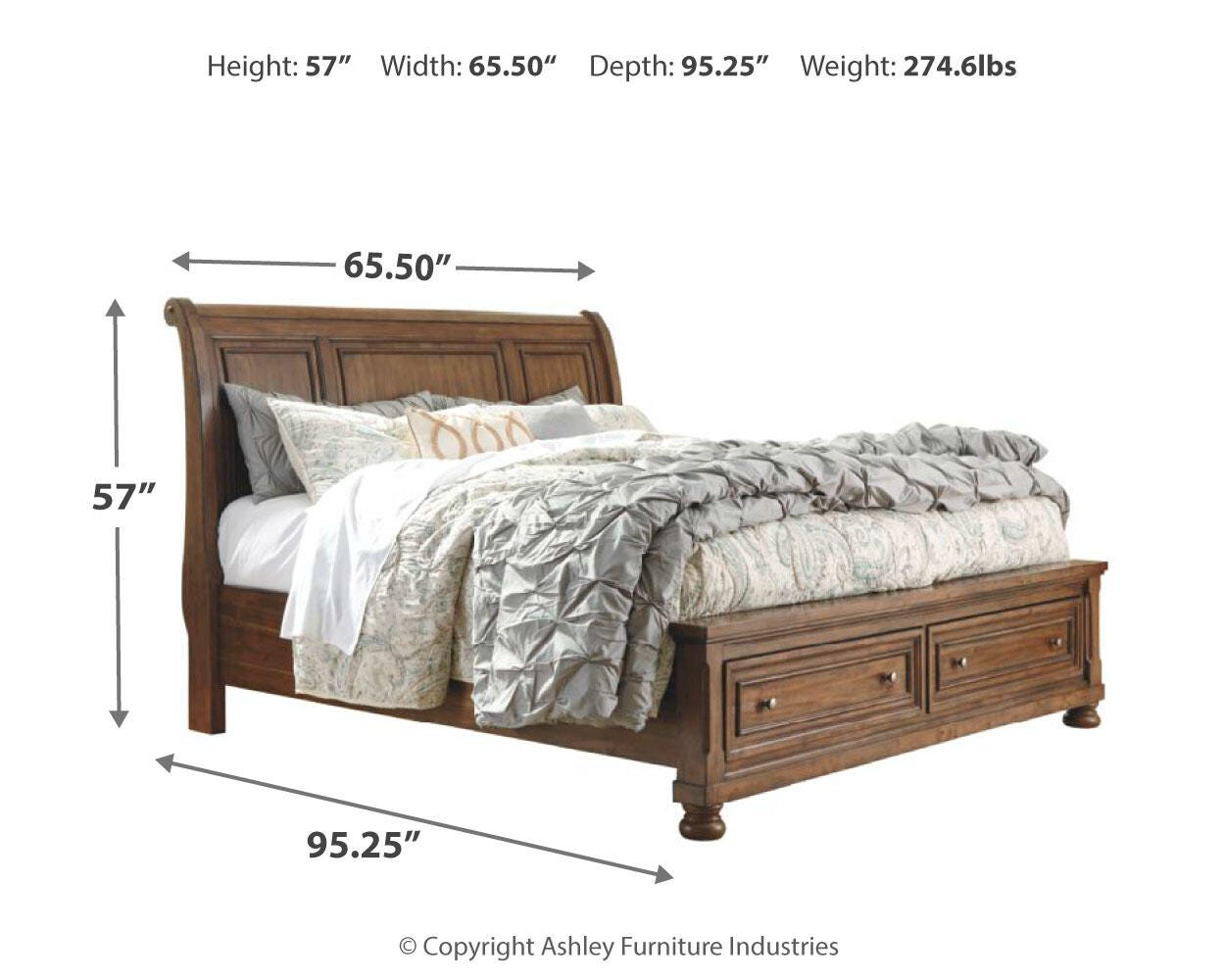 Flynnter Queen Sleigh Bed with 2 Storage Drawers with Mirrored Dresser, Medium Brown, large
