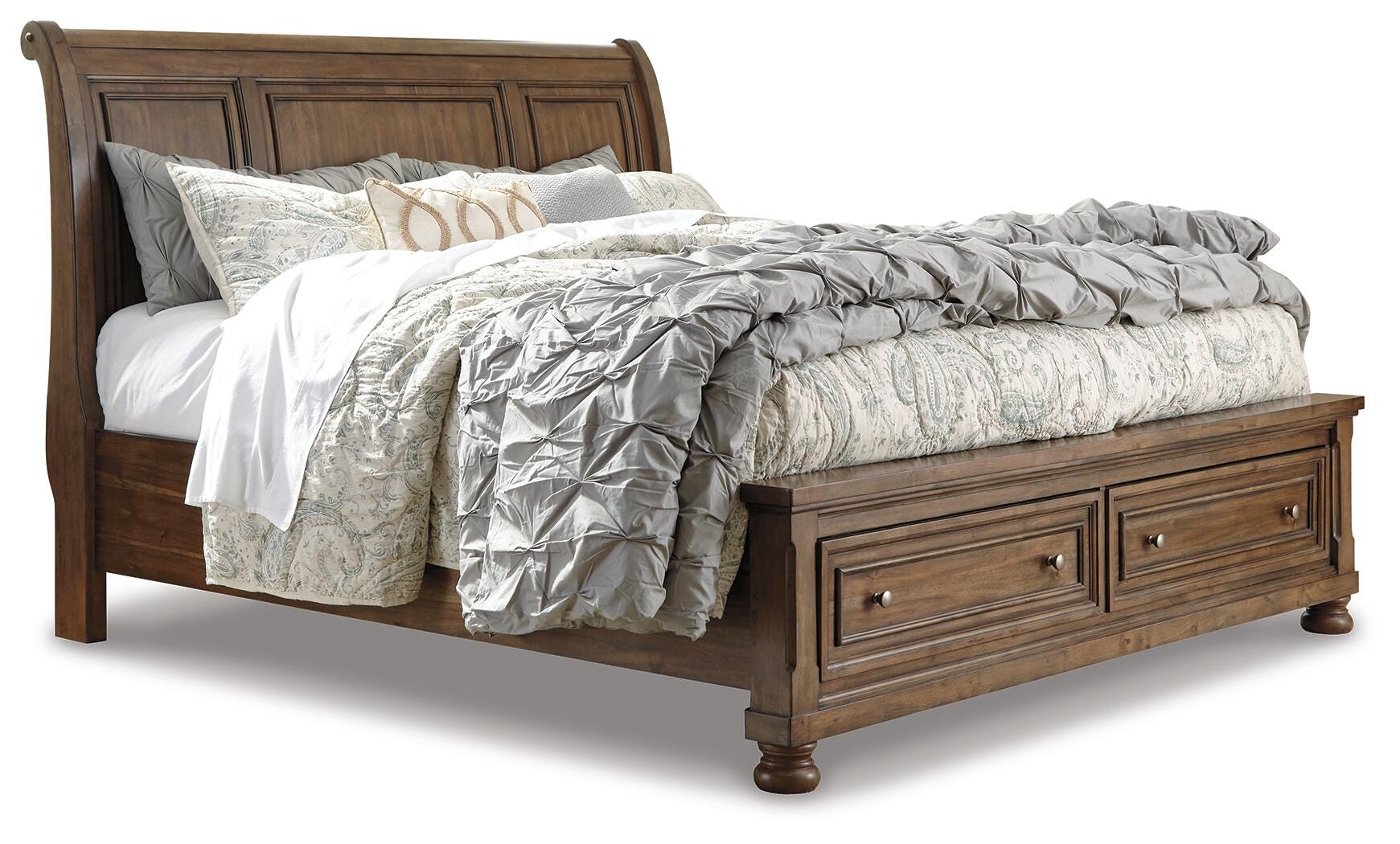 Flynnter Queen Sleigh Bed with 2 Storage Drawers with Mirrored Dresser, Medium Brown, large
