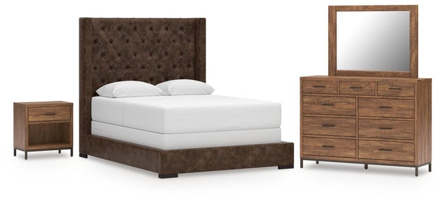 Steenlage Queen Upholstered Bed with Mirrored Dresser and Nightstand