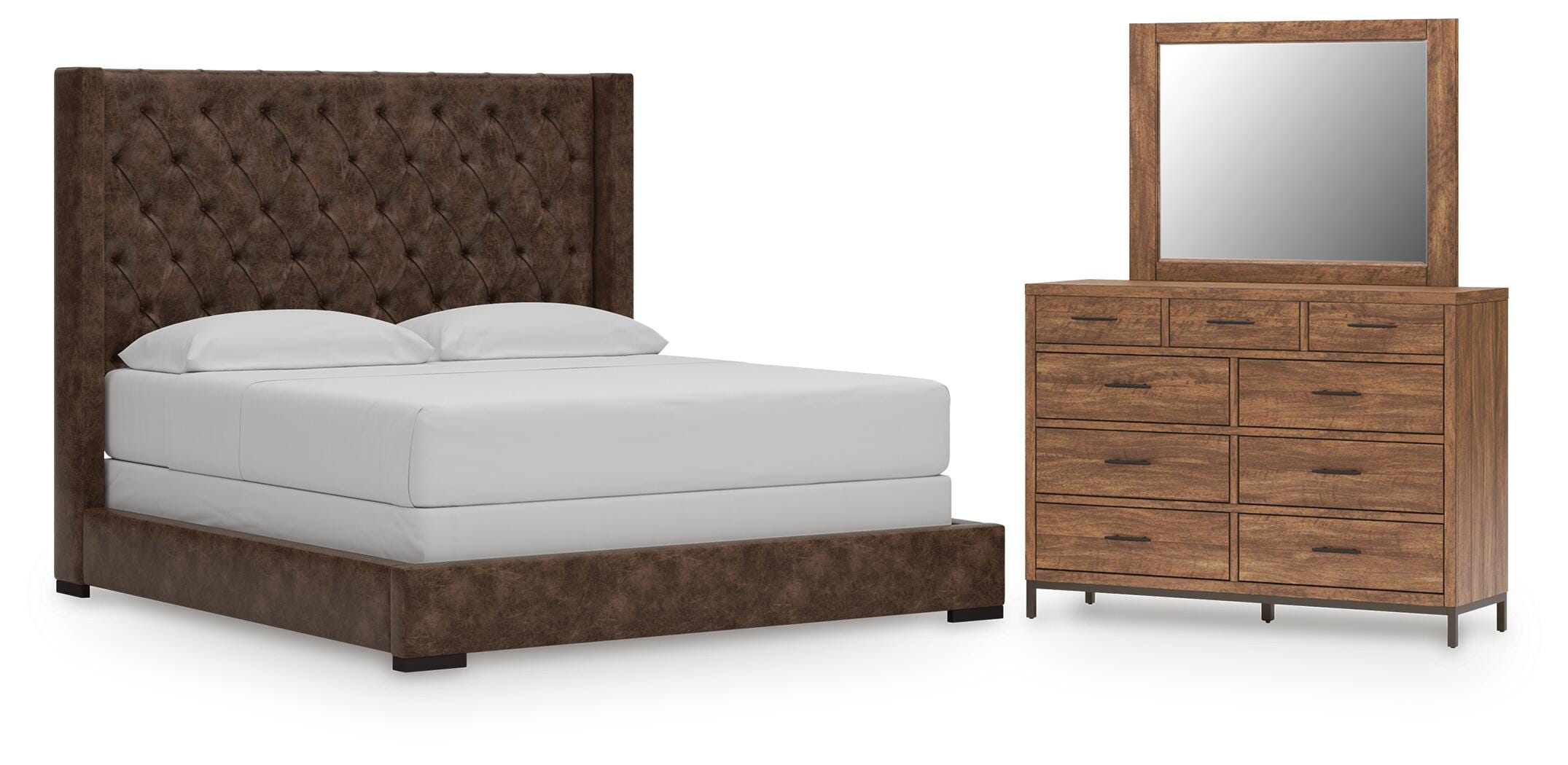 Steenlage California King Upholstered Bed with Mirrored Dresser, Brown, large