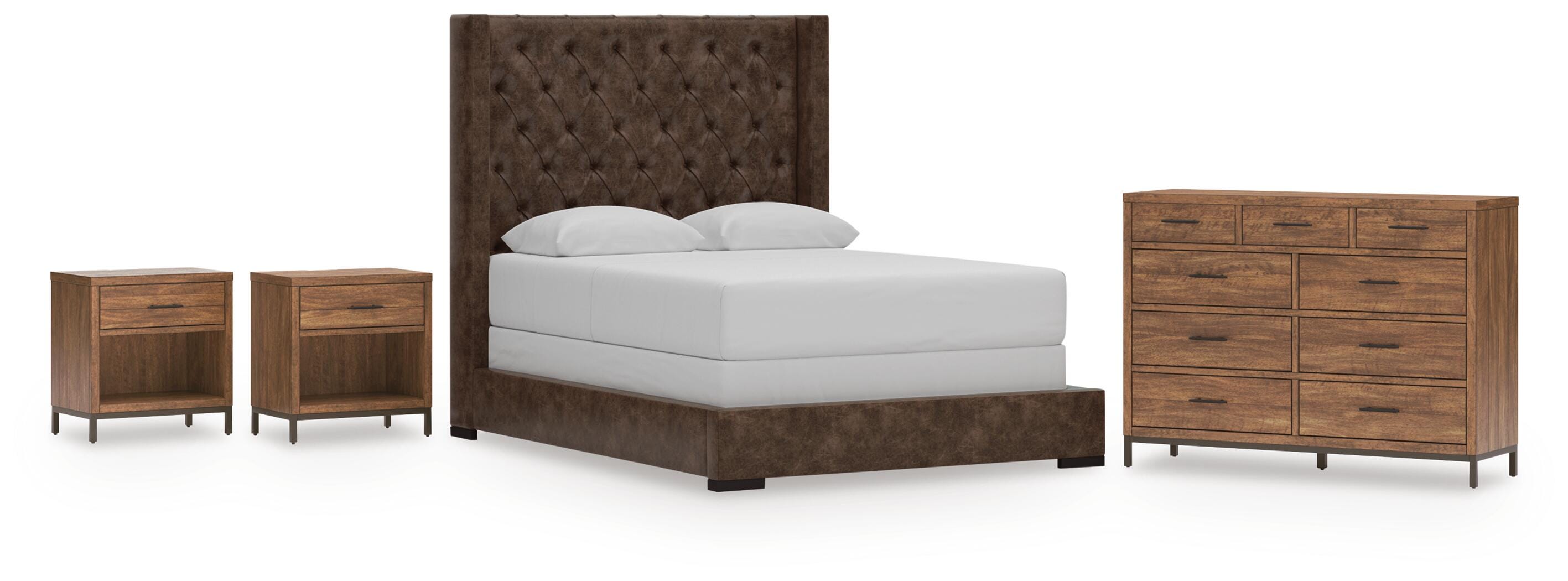 Steenlage Queen Upholstered Bed with Dresser and 2 Nightstands, Brown, large