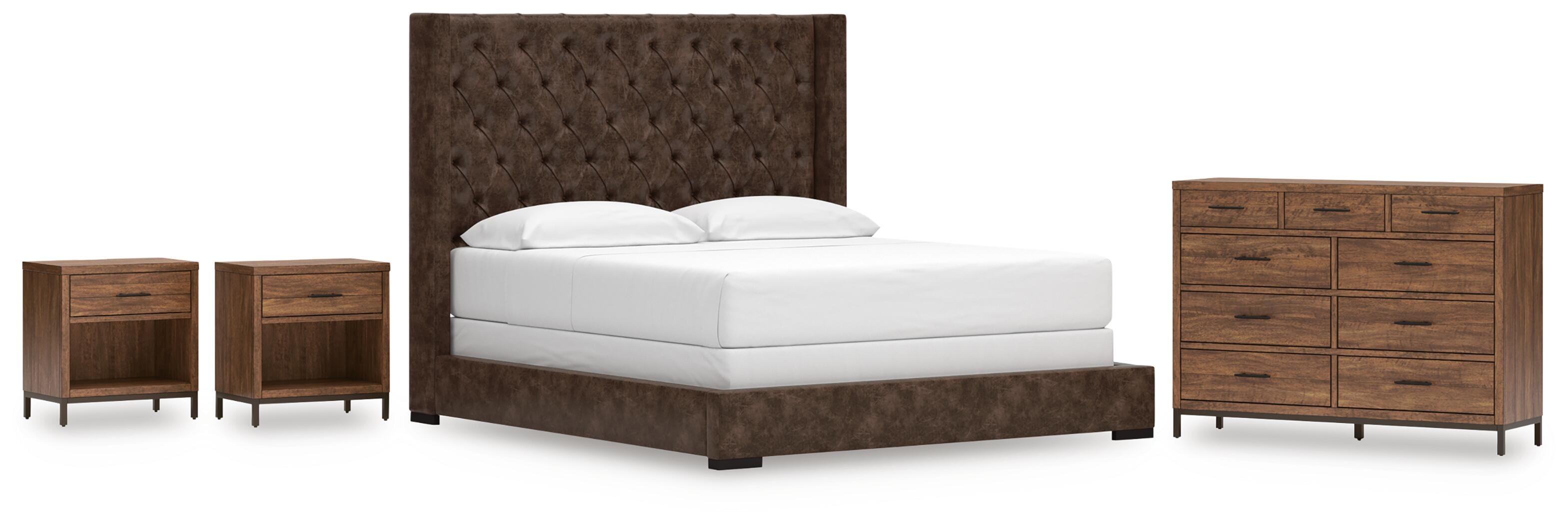 Steenlage California King Upholstered Bed with Dresser and 2 Nightstands, Brown