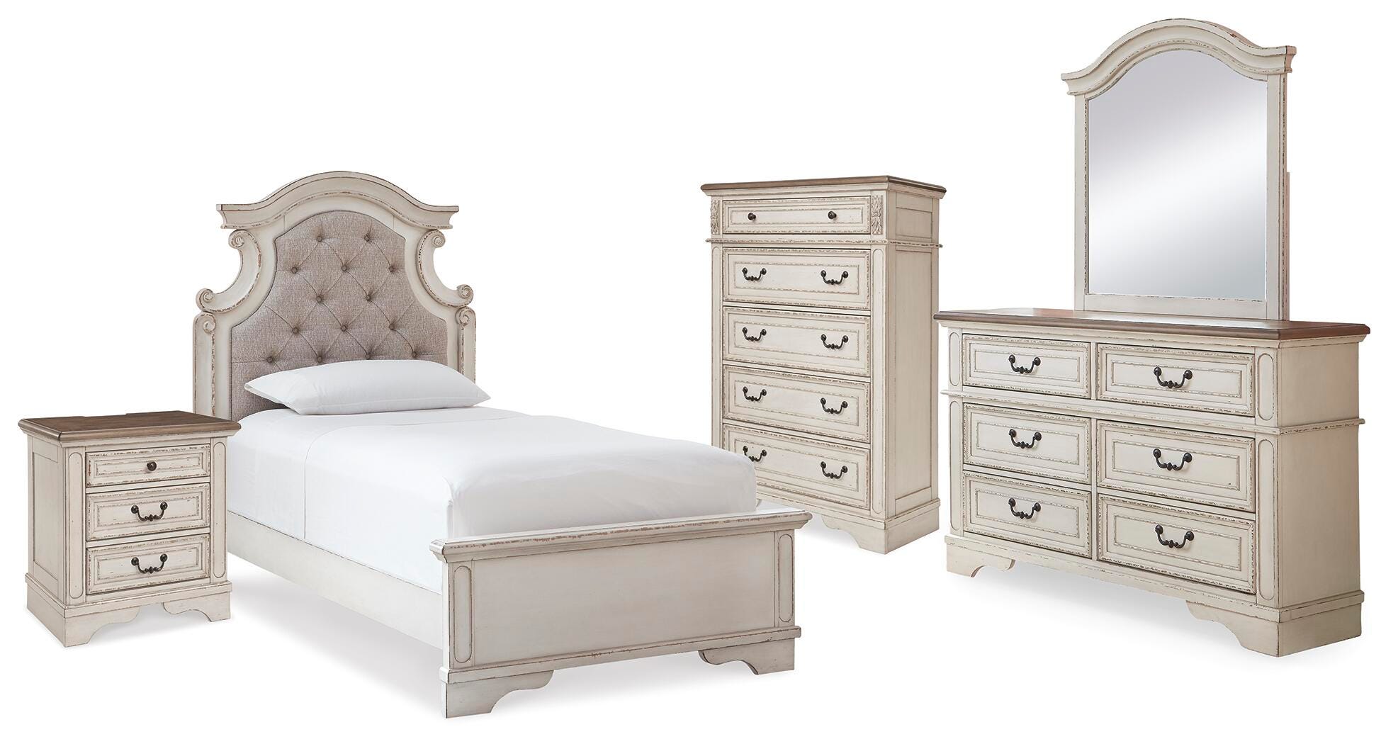 Cama doble con panel Realyn, cómoda, espejo, arcón y mesita de noche - image 1