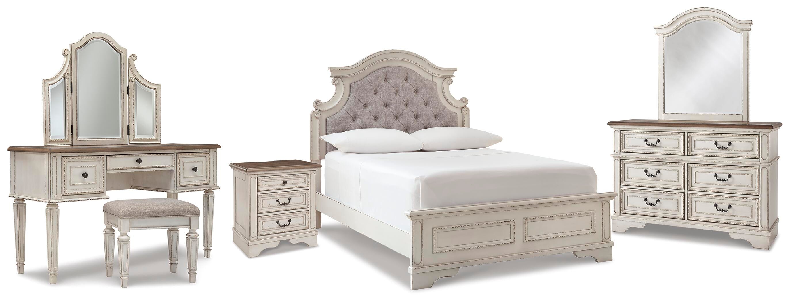 Cama con panel completo, cómoda, espejo, tocador de 3 piezas y mesita de noche Realyn - image 1