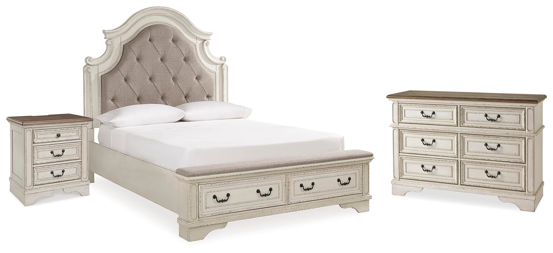 Cama tapizada Realyn Queen con almacenaje, cómoda y mesita de noche - image 1