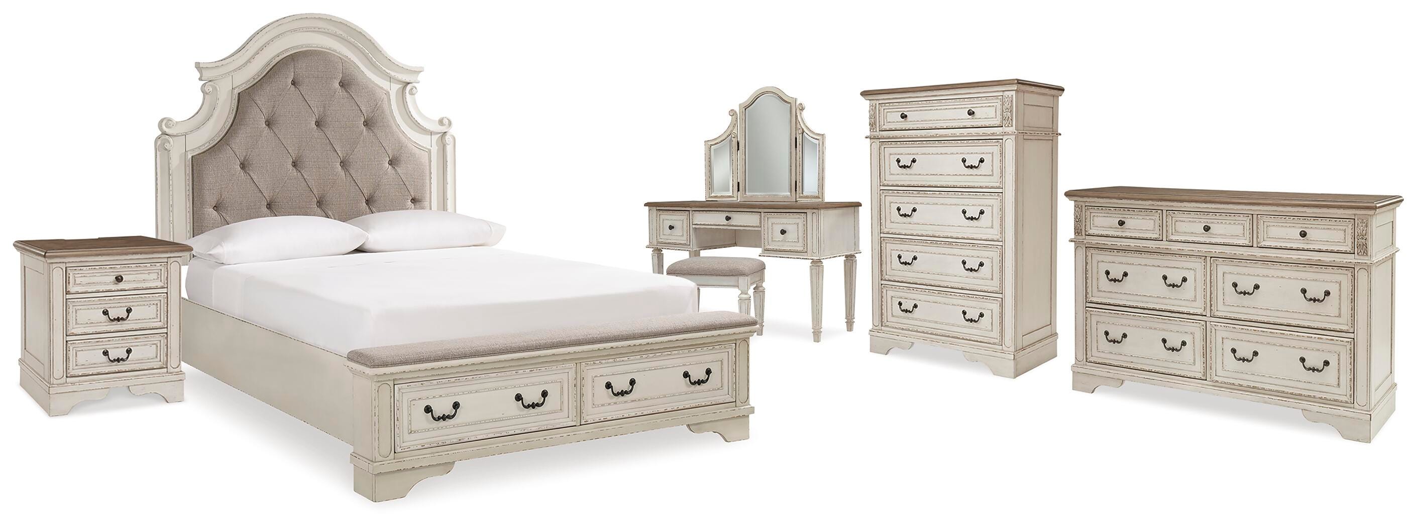 Realyn Queen Upholstery Panel Bed, Dresser, Chest, Nightstand, and Vanity Set - image 1