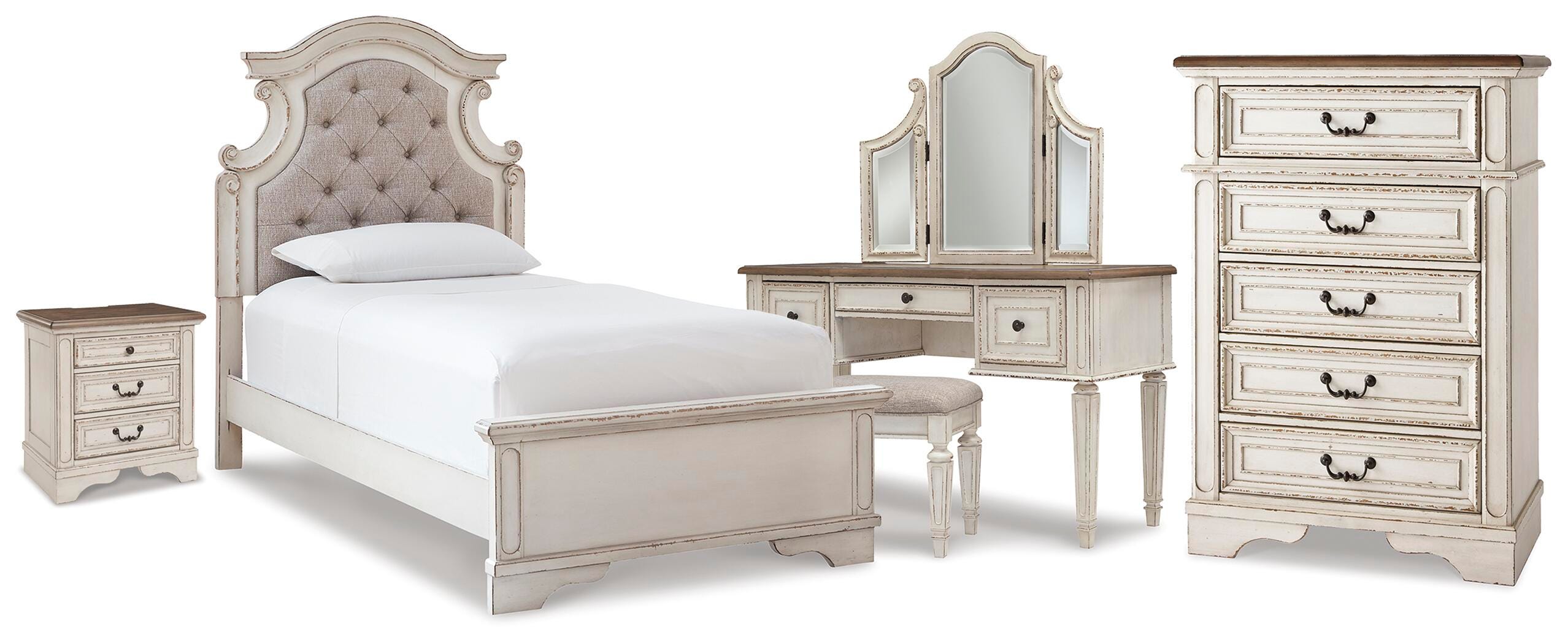 Realyn Twin Upholstered Panel Bed, Chest, Vanity and Nightstand - image 1