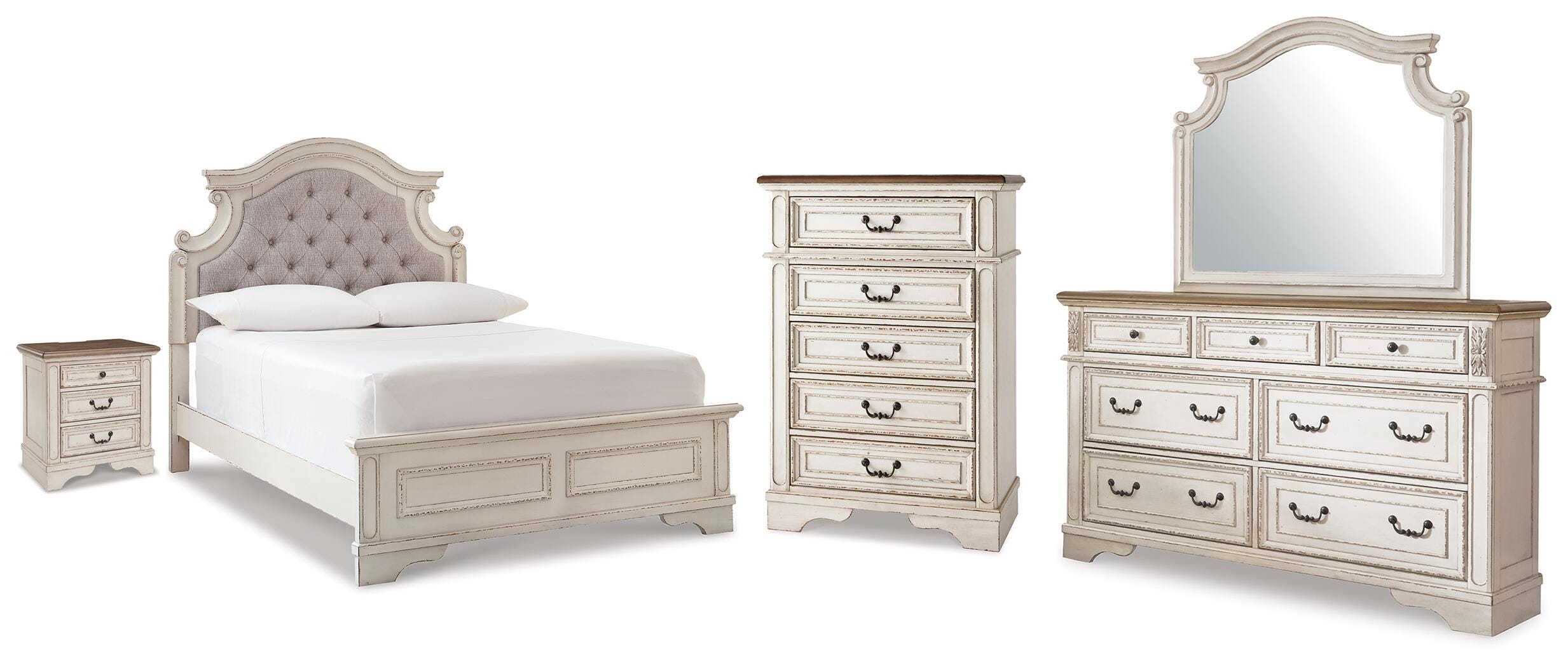 Realyn Full Upholstered Panel Bed, Dresser, Mirror, Chest and Nightstand - image 1