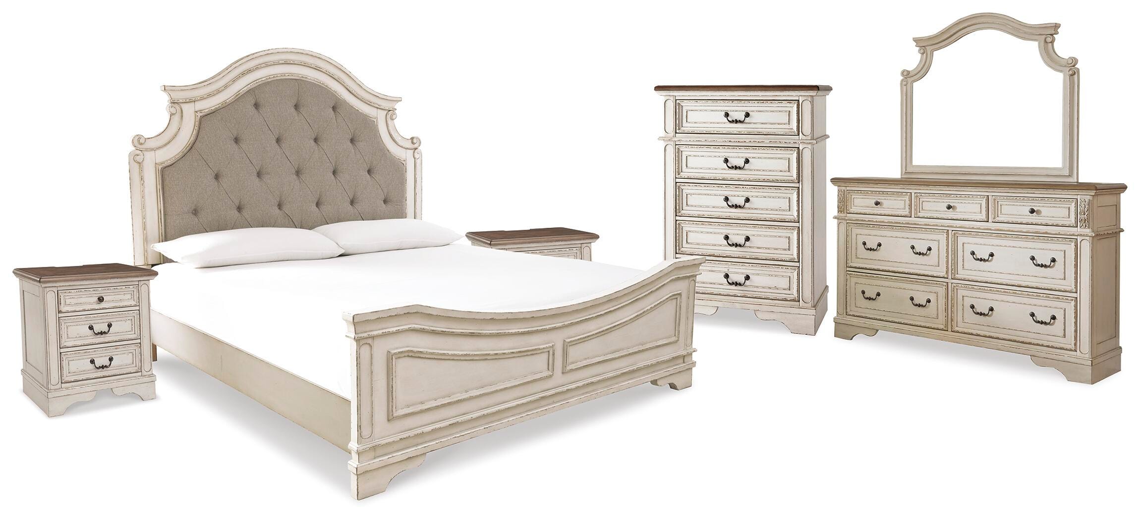 Cama con paneles tapizados tamaño King, cómoda, espejo, chiffonier y 2 mesitas de noche Realyn - image 1