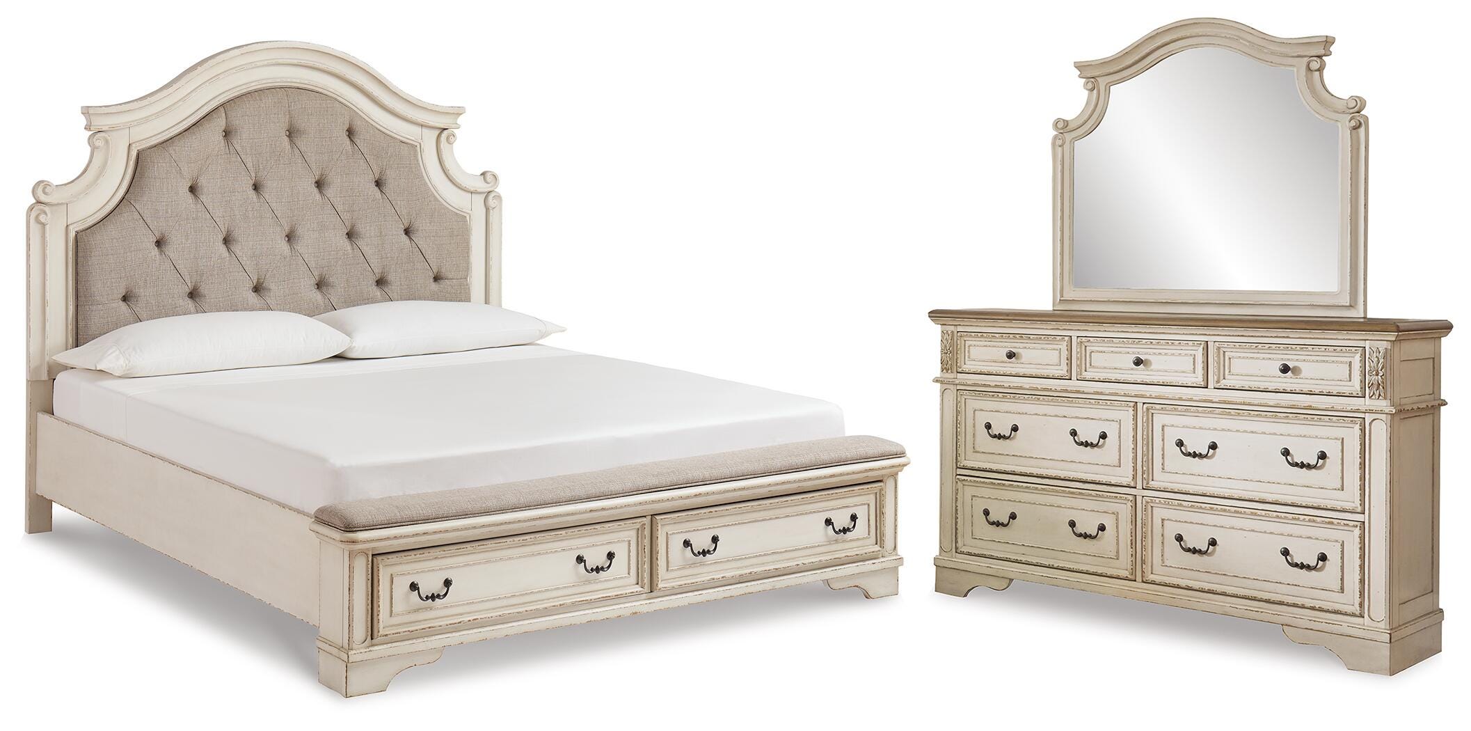 Cama tapizada tamaño King Realyn con cómoda y espejo - image 1