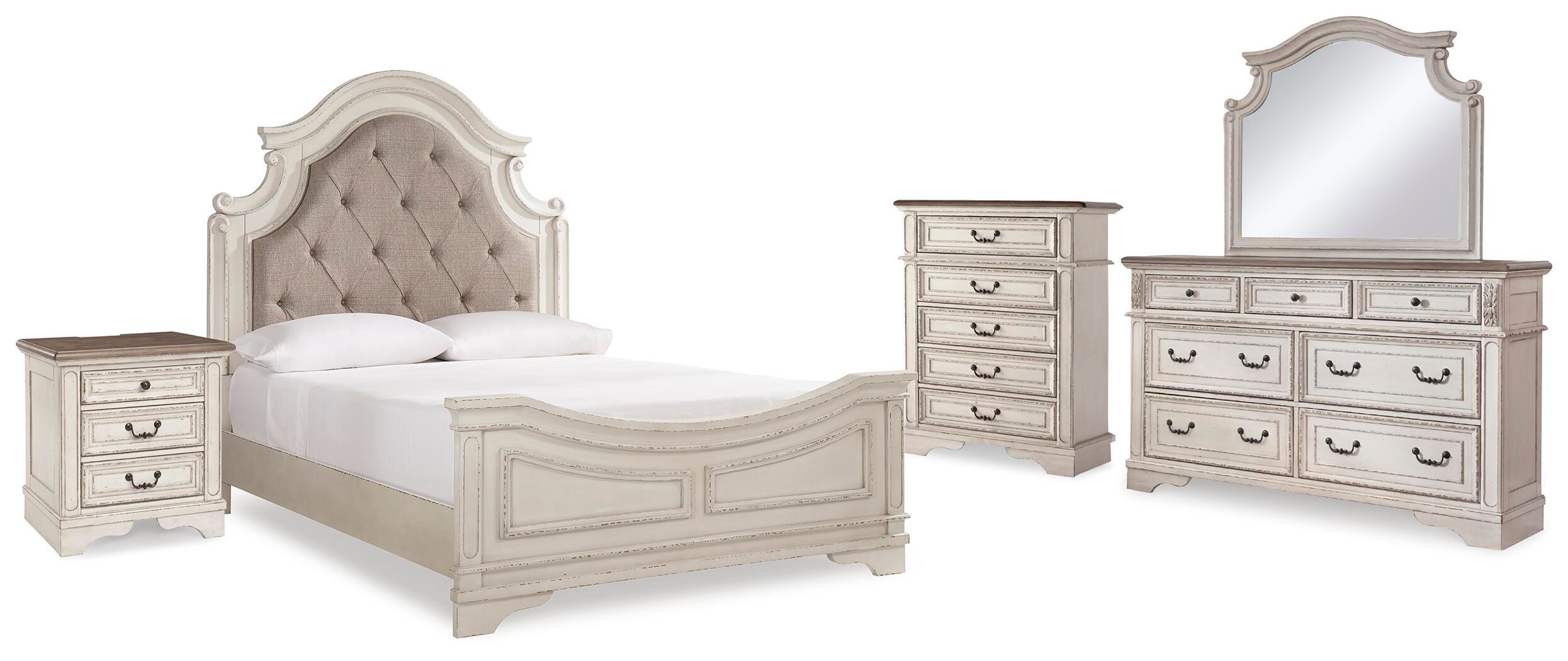 Cama de panel tapizado Queen Realyn, cómoda, espejo, chiffonier y mesita de noche - image 1