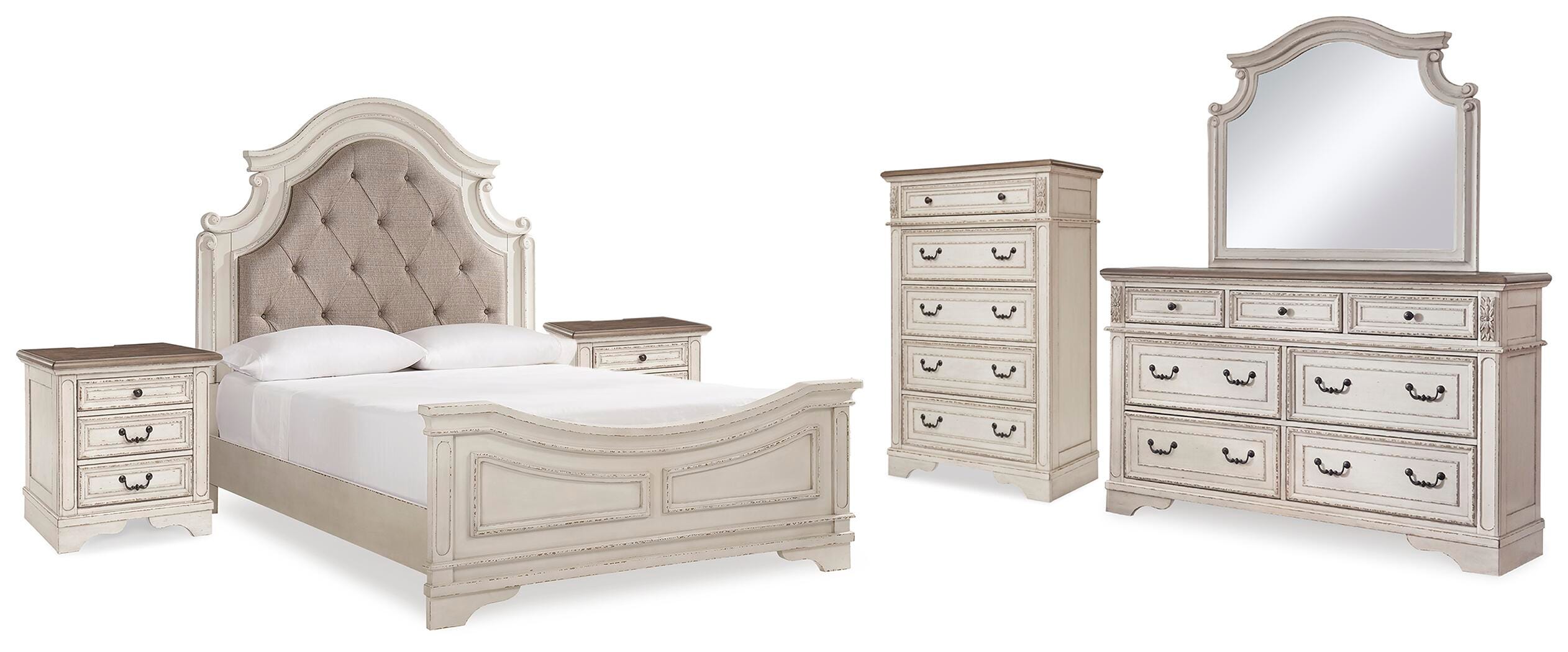 Cama tapizada con paneles Queen Realyn, cómoda, espejo, baúl y 2 mesitas de noche - image 2