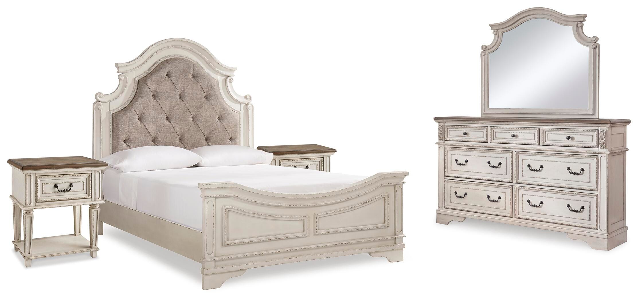 Cama de panel tapizada Queen, cómoda, espejo y 2 mesitas de noche Realyn - image 1