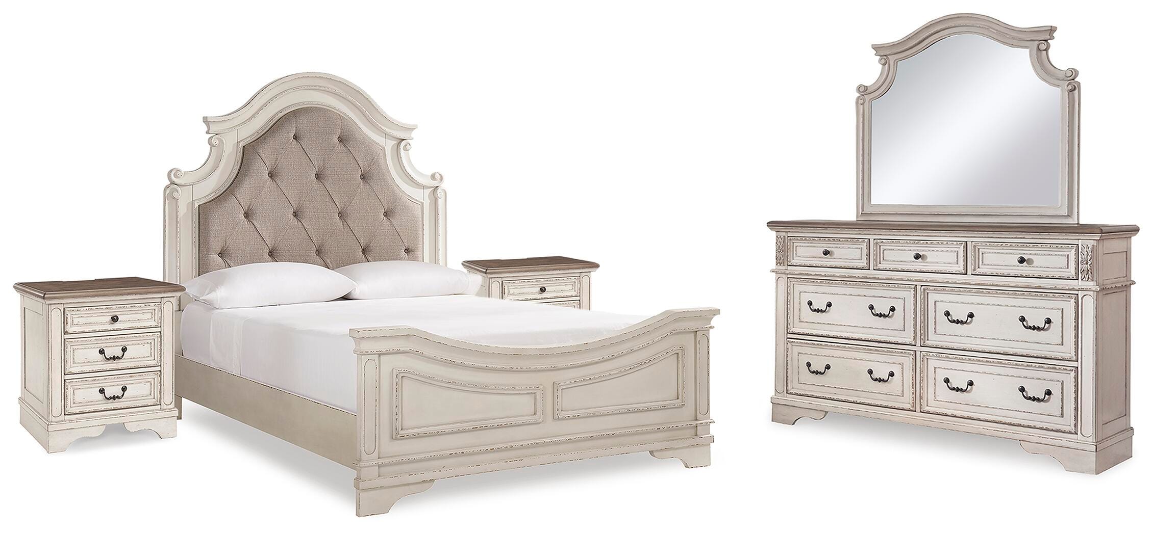 Cama de panel tapizada Queen, cómoda, espejo y 2 mesitas de noche Realyn - image 1