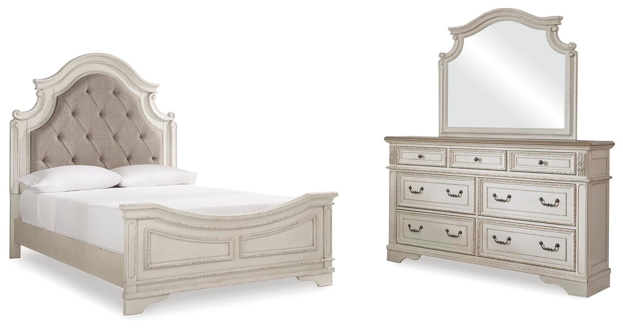 Realyn Queen Upholstered Panel Bed with Mirrored Dresser, Chipped White, large