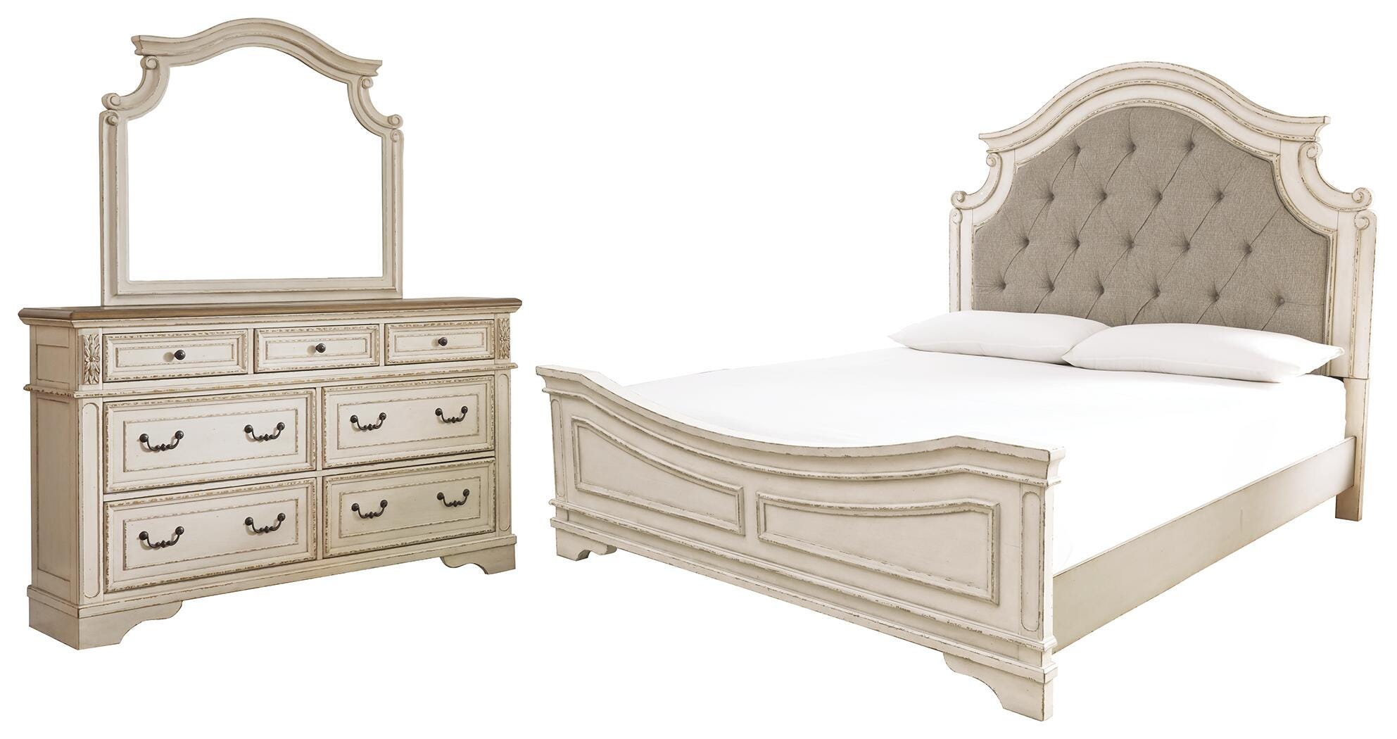 Realyn Queen Upholstered Panel Bed with Mirrored Dresser, Chipped White, large