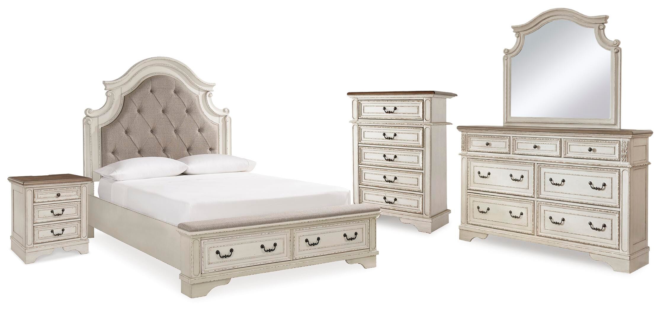 Cama con paneles tamaño queen Realyn, tocador, espejo, cómoda y mesita de noche - image 1