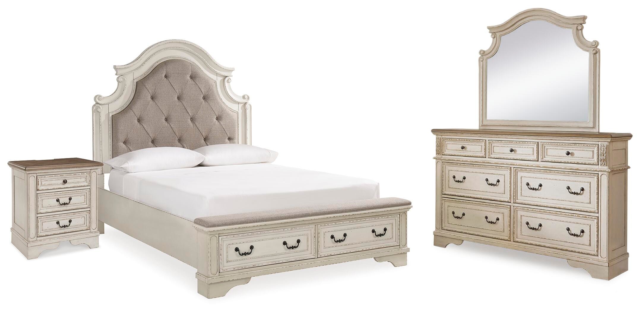 Cama Realyn Queen tapizada, cómoda, espejo y mesita de noche - image 1