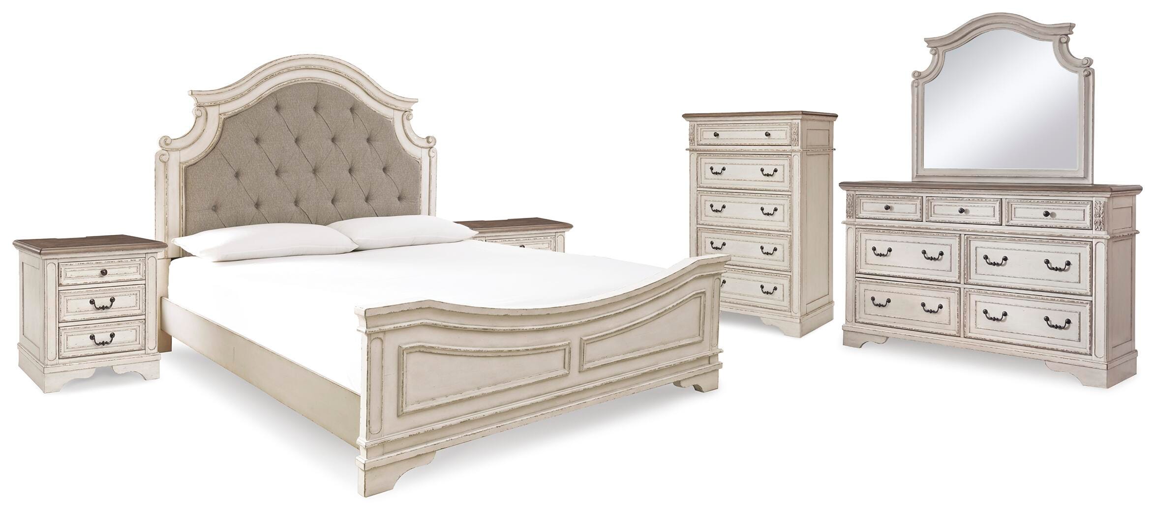 Cama King Realyn con cabecero, cómoda, espejo, cajonera y 2 mesitas de noche - image 2