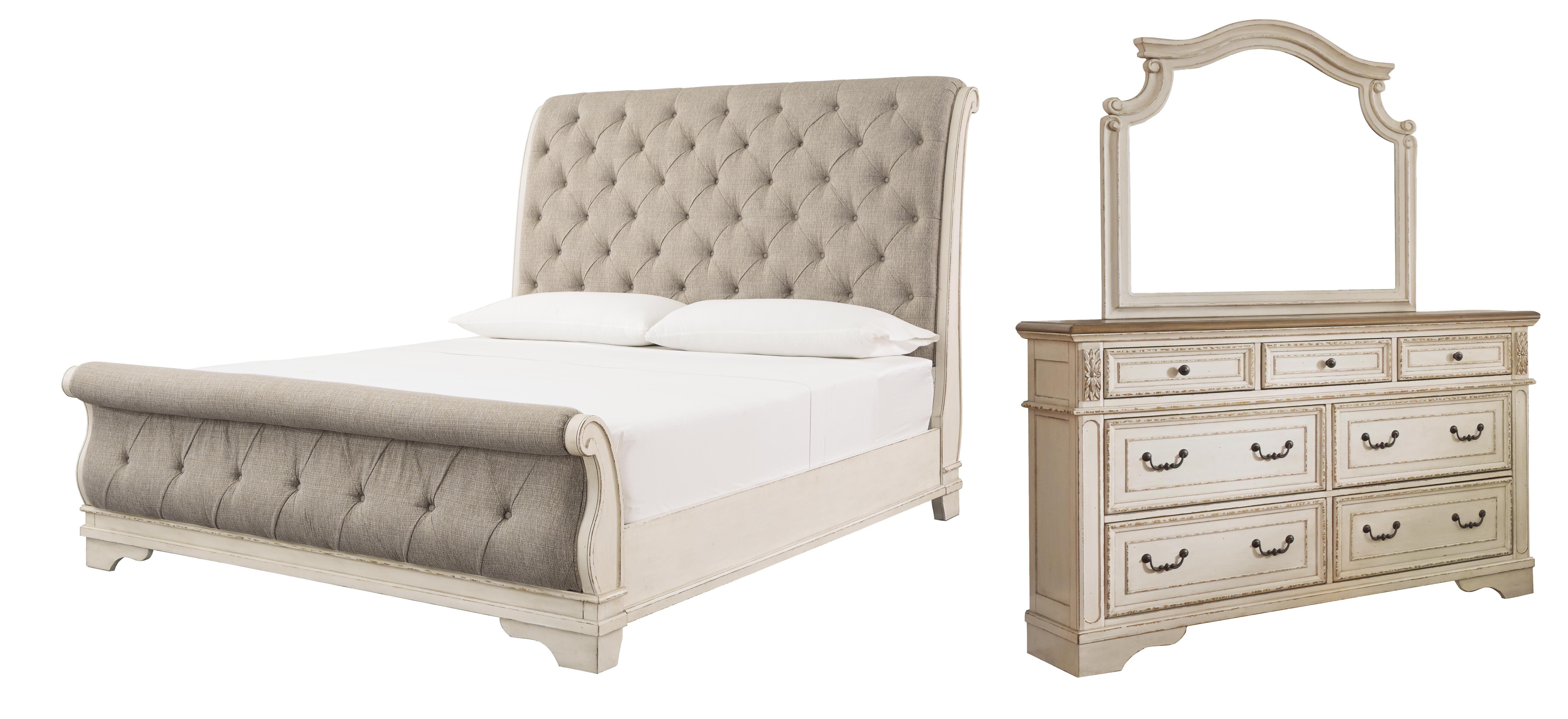 Realyn Queen Sleigh Bed with Mirrored Dresser, Chipped White, large