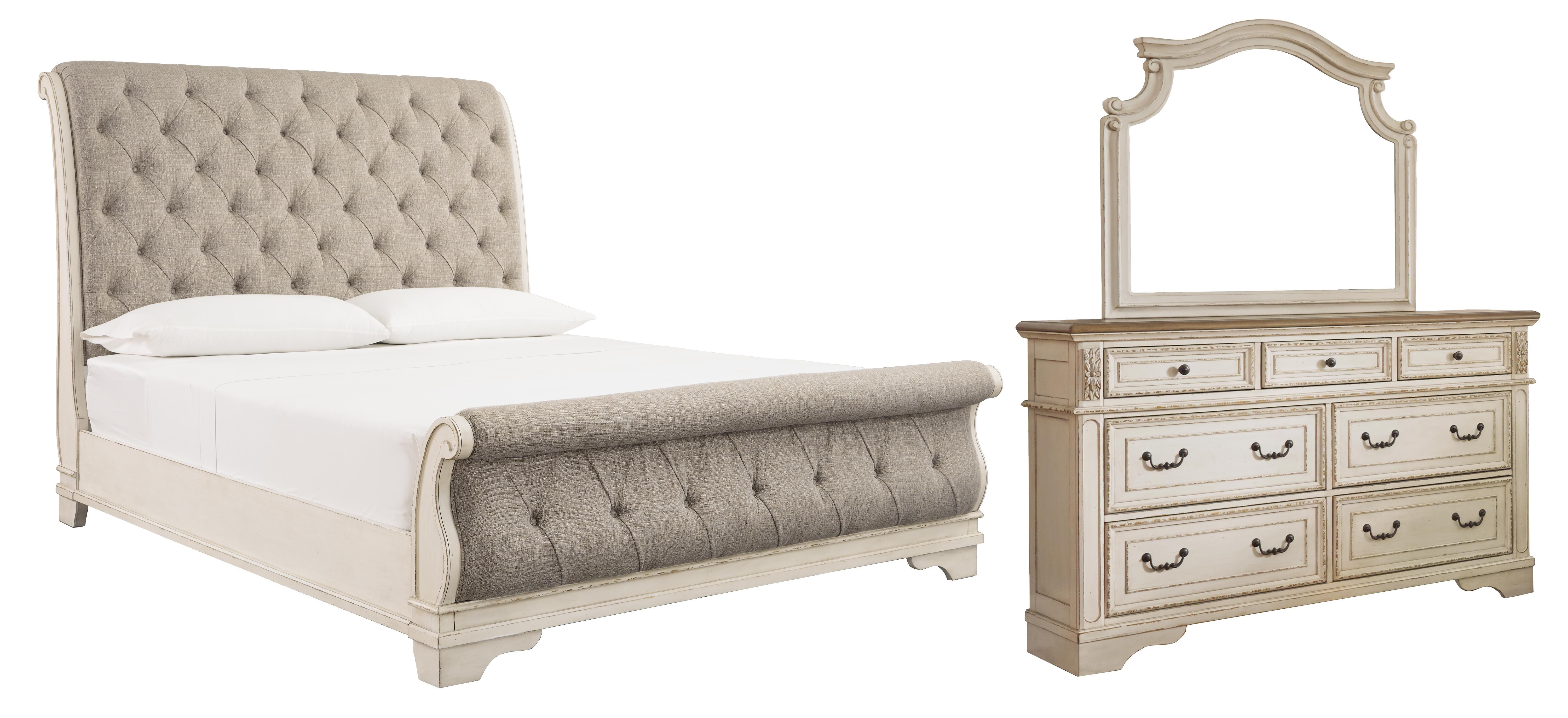 Realyn California King Sleigh Bed with Mirrored Dresser, Chipped White, large