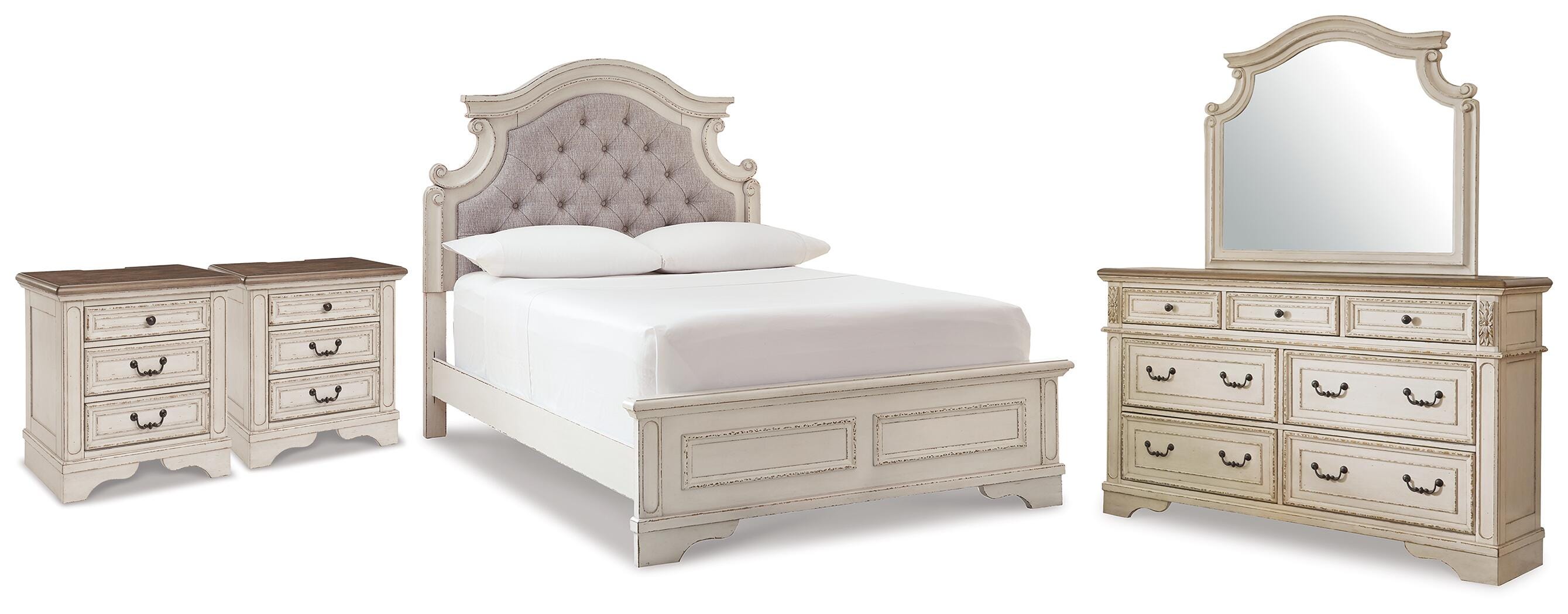 Realyn Full Upholstered Panel Bed, Dresser, Mirror and 2 Nightstands - image 1