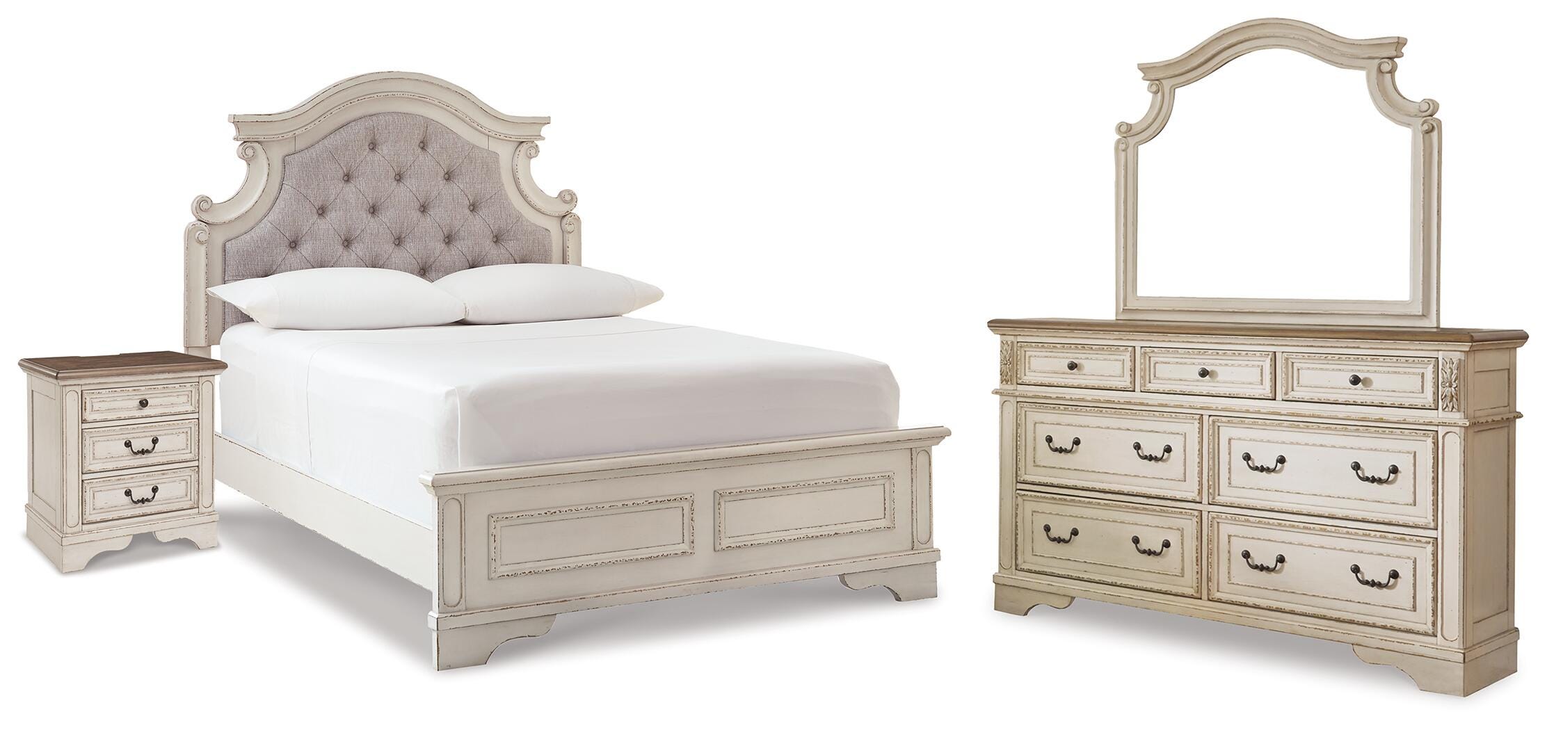 Cama de panel completo, cómoda, espejo y mesita de noche Realyn - image 1