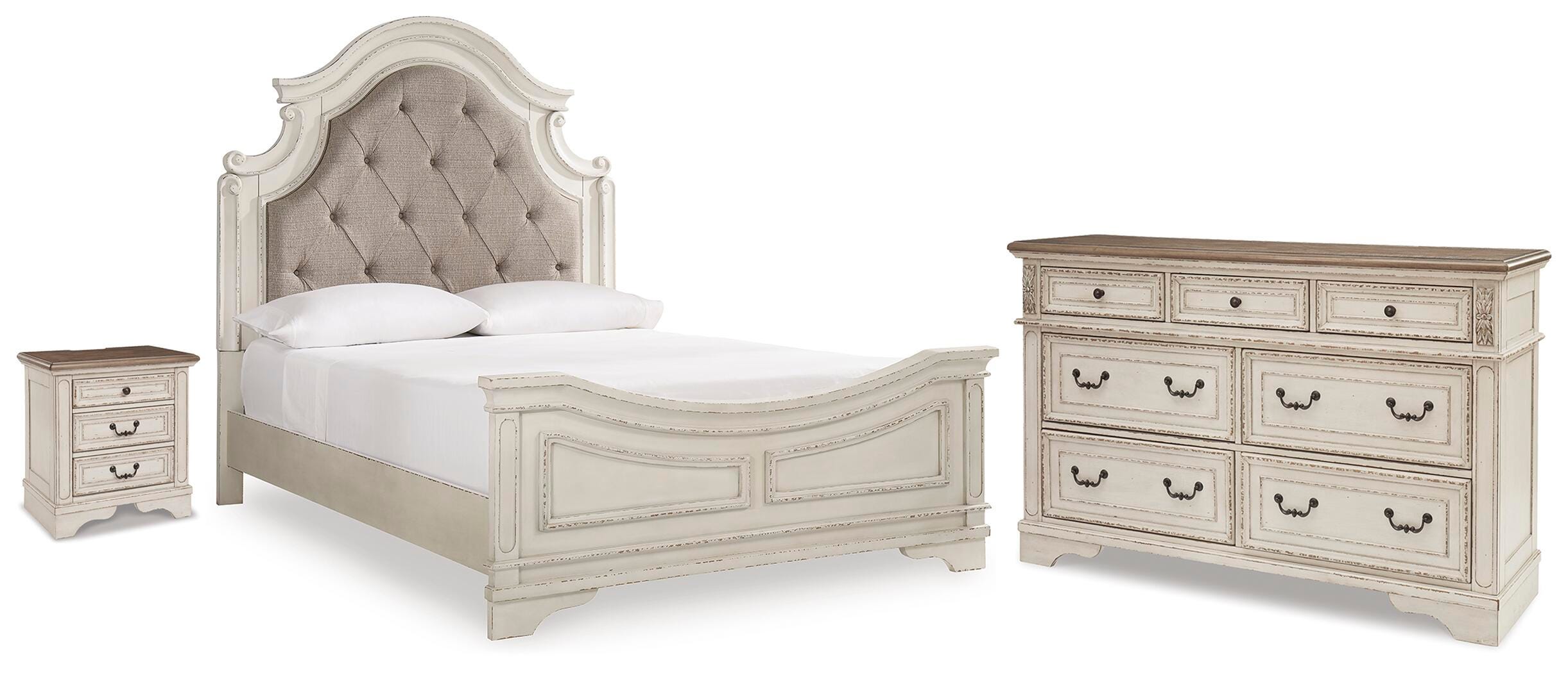 Realyn Queen Upholstered Panel Bed, Dresser and Nightstand - image 1