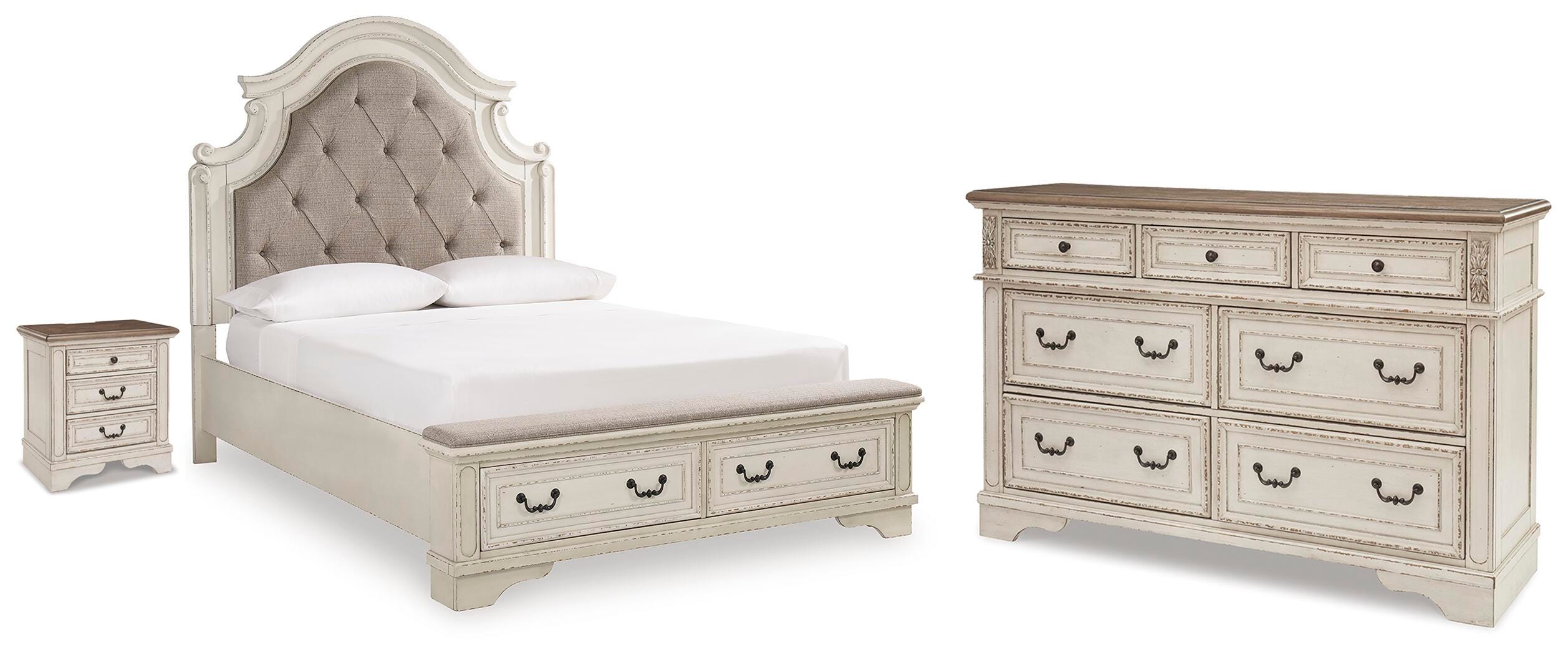 Realyn Queen Upholstered Storage Bed, Dresser and Nightstand - image 1