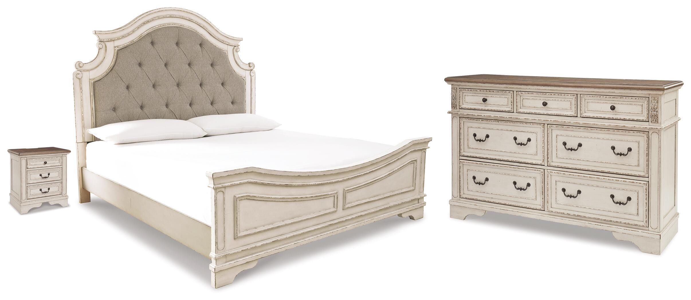 Realyn King Upholstered Panel Bed, Dresser and Nightstand - image 1