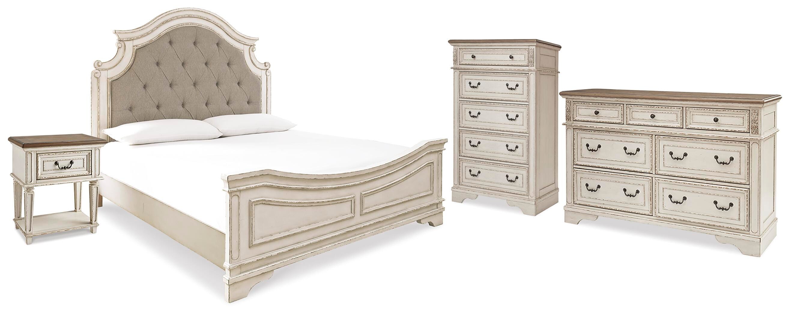Cama tapizada con panel Realyn King, cómoda, sinfonier y mesita de noche - image 1