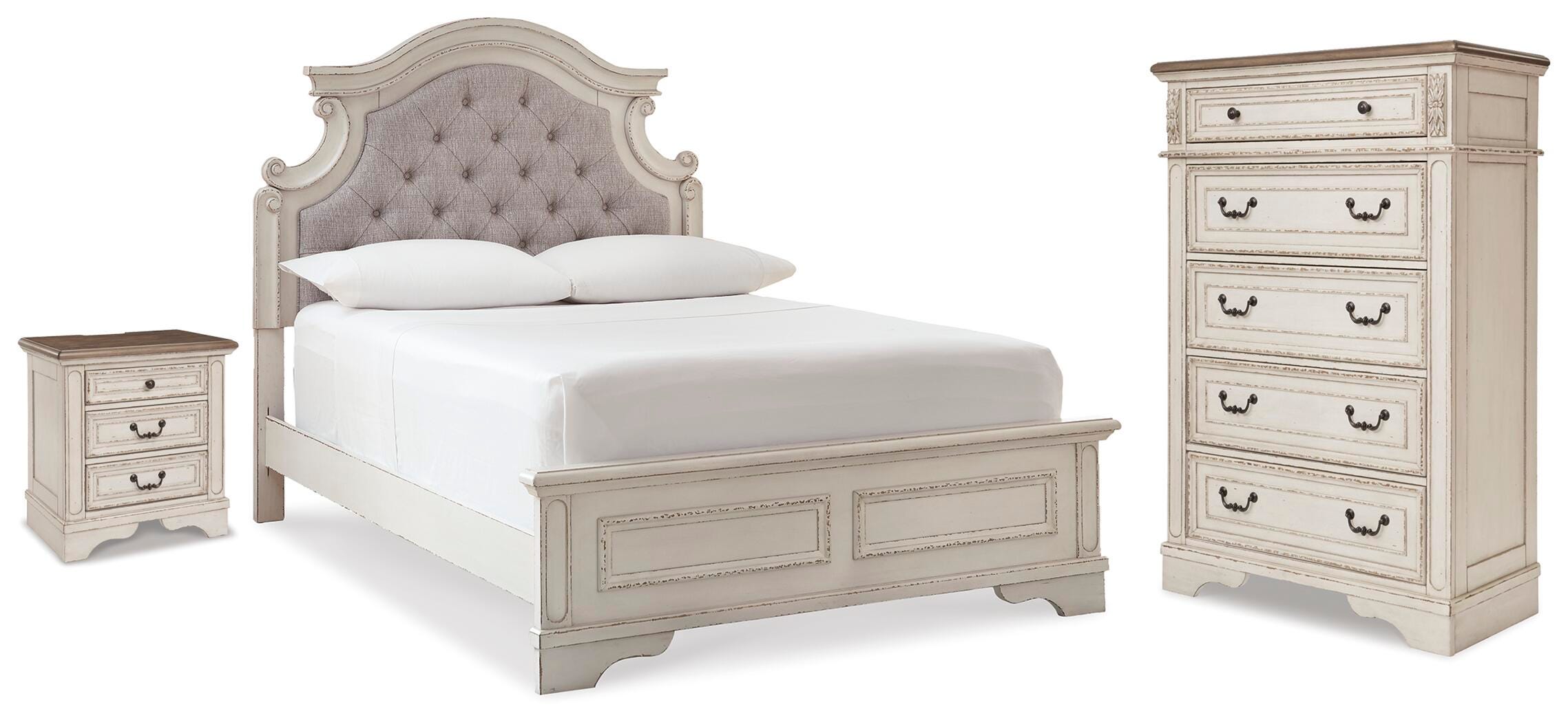 Realyn Full Upholstered Panel Bed, Chest and Nightstand - image 1